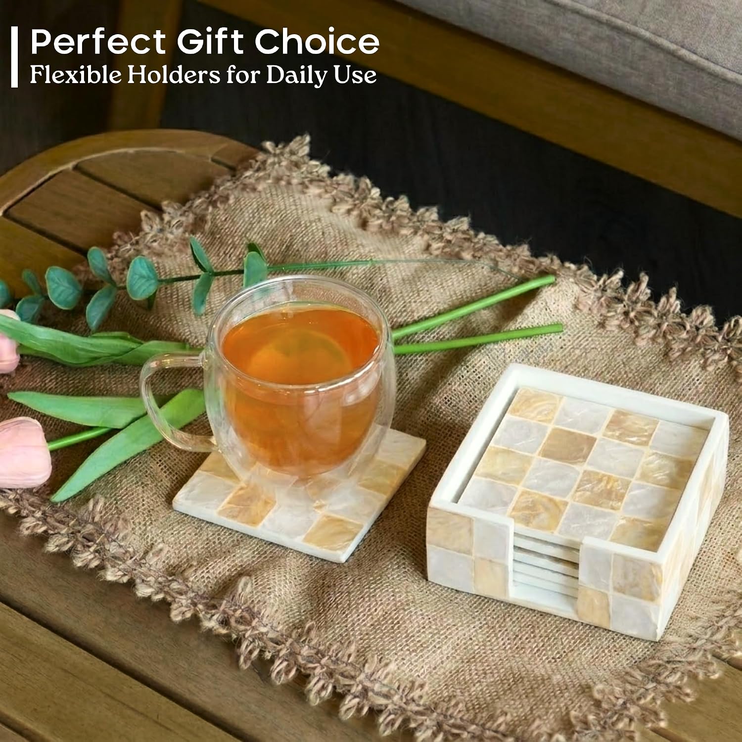 Modern Decorative Farmhouse Coasters for Coffee / Ivory / Set of 6