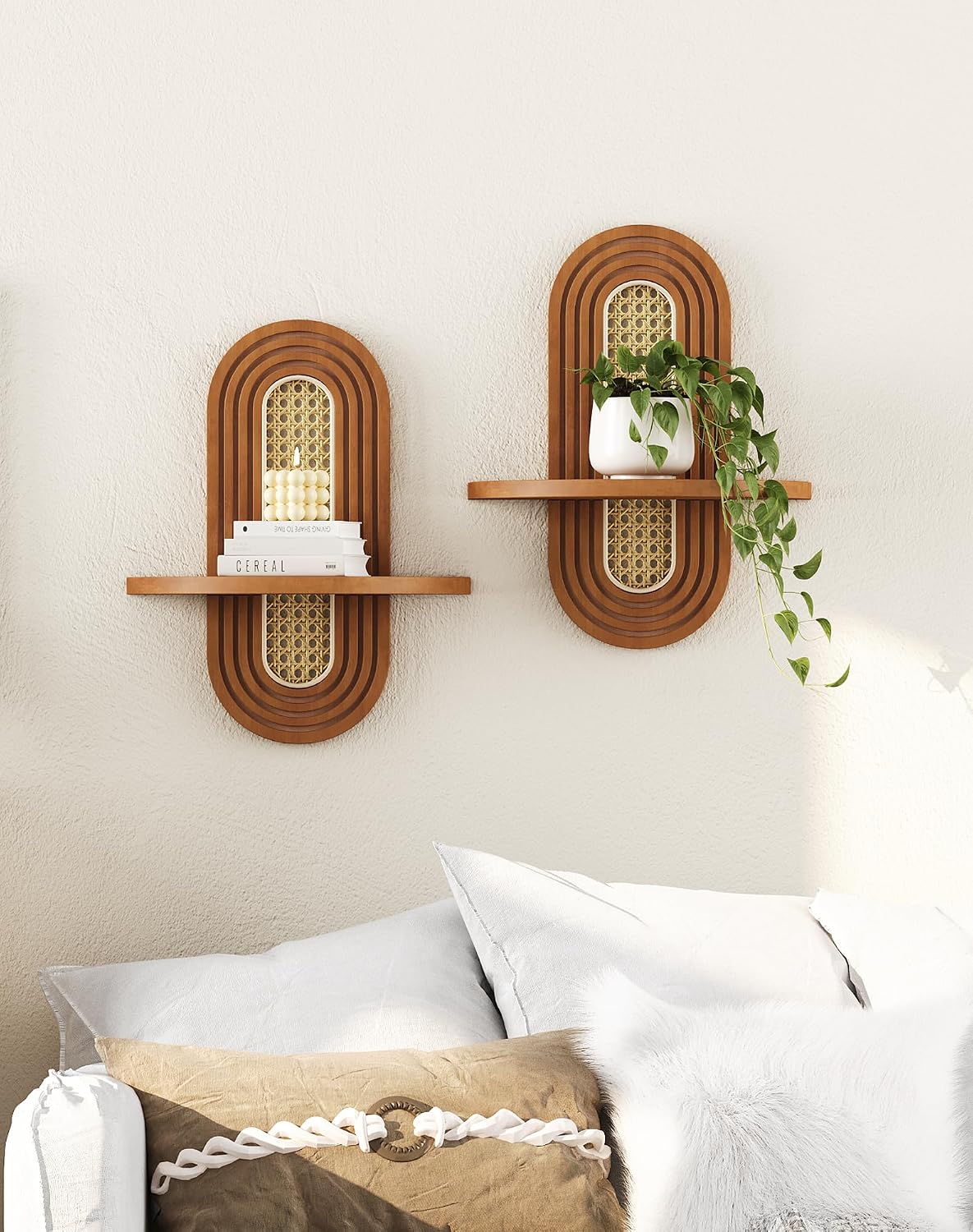 Floating Shelves / Rattan Plant Shelf / Walnut / Set of 2