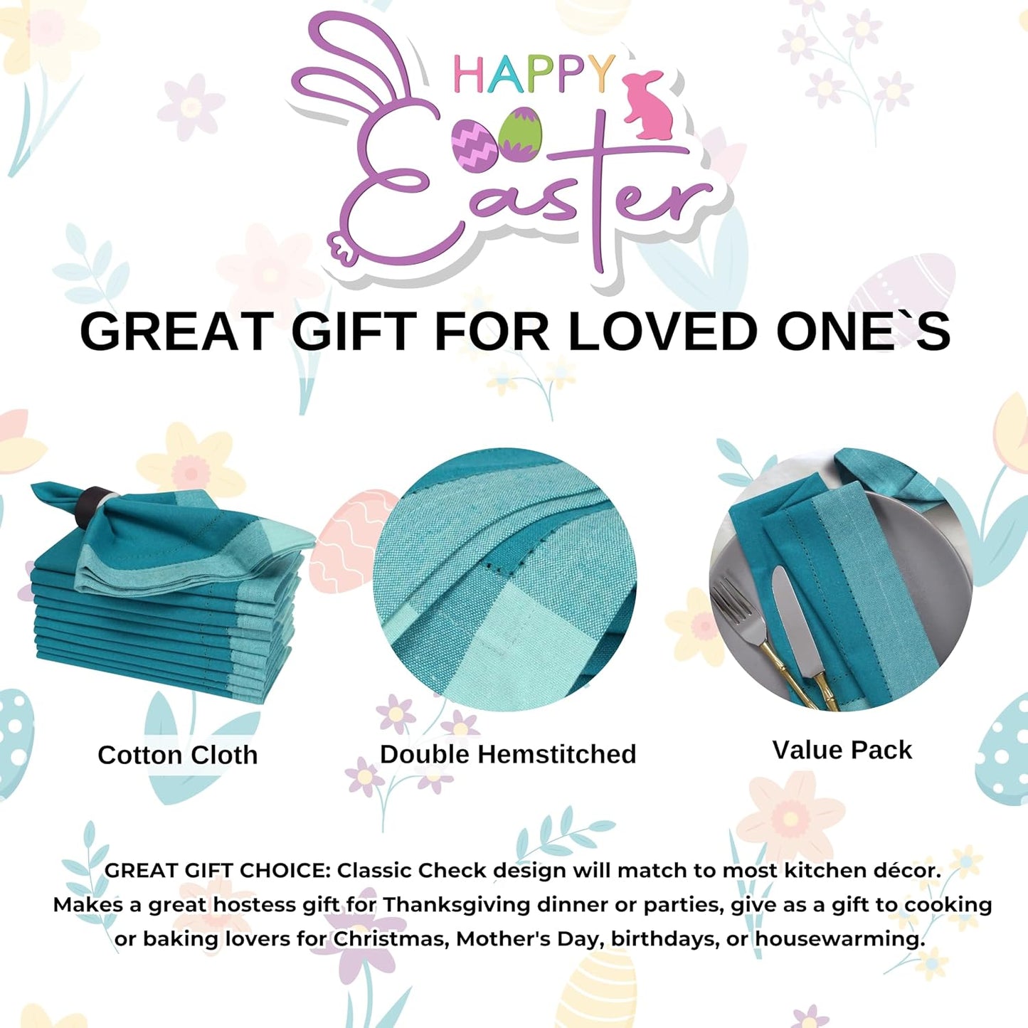 Bedding Craft Cotton Cloth Dinner Napkins Set of 12 – 20x20 Teal Multi Double Hemstitched – Machine Washable Reusable