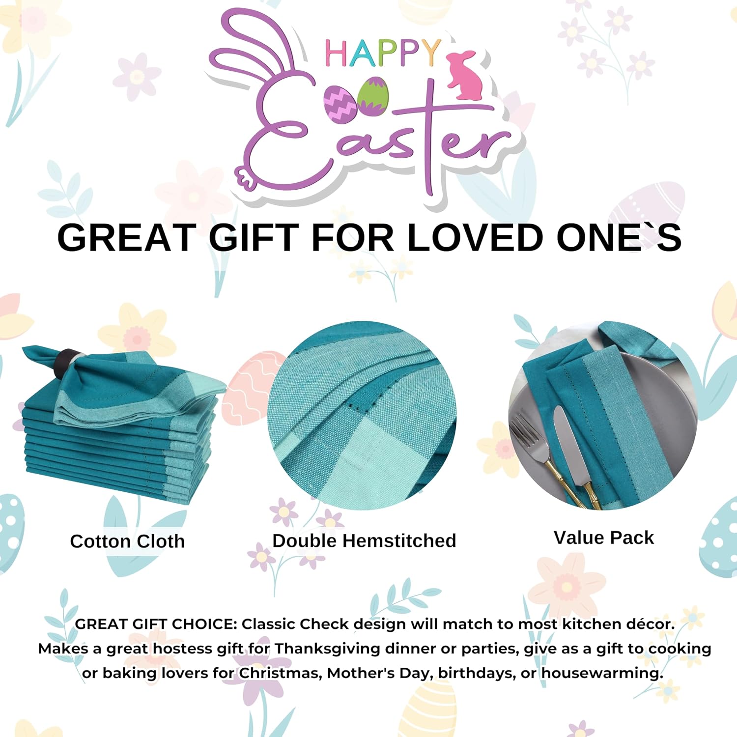 Bedding Craft Cotton Cloth Dinner Napkins Set of 12 – 20x20 Teal Multi Double Hemstitched – Machine Washable Reusable