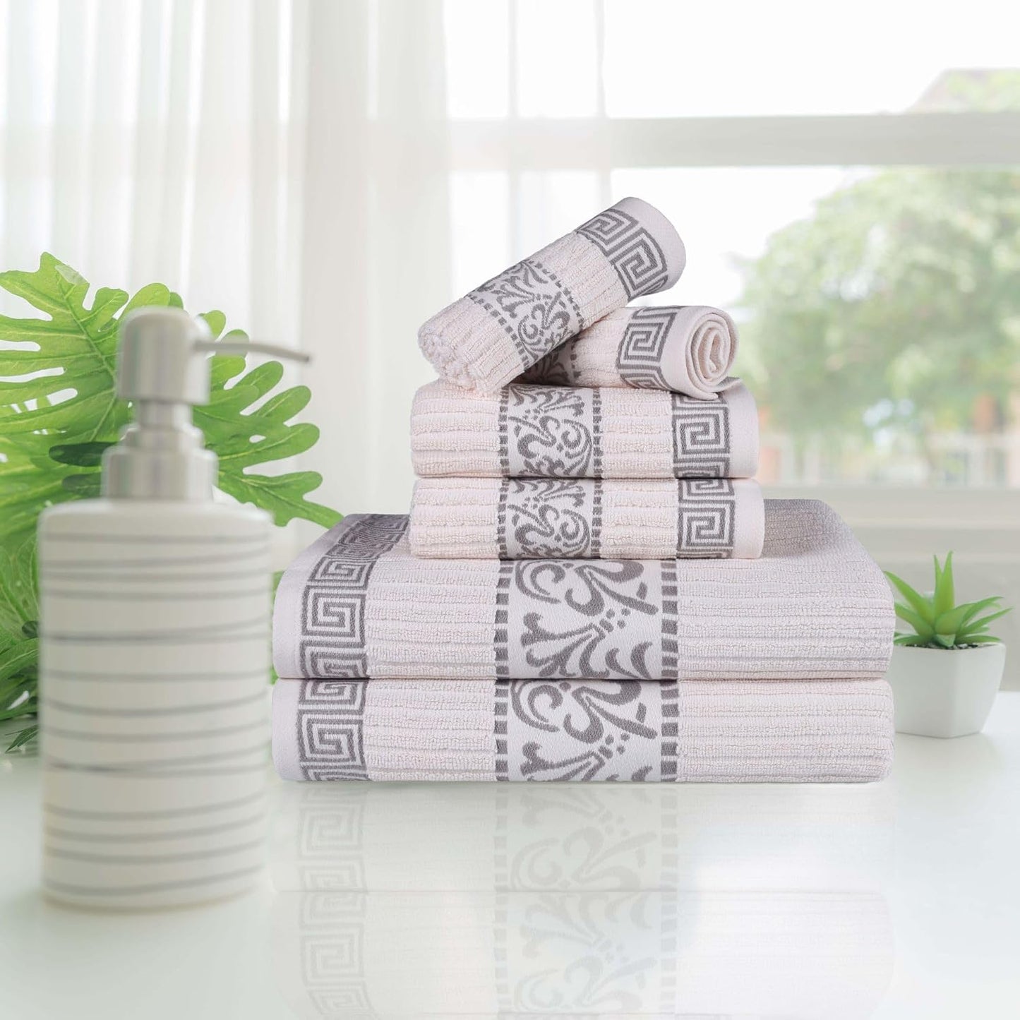 Superior 6-Piece Cotton Towel Set, Decorative Greek Pattern, Home Essentials, Absorbent Towels, Bathroom Decor, Spa