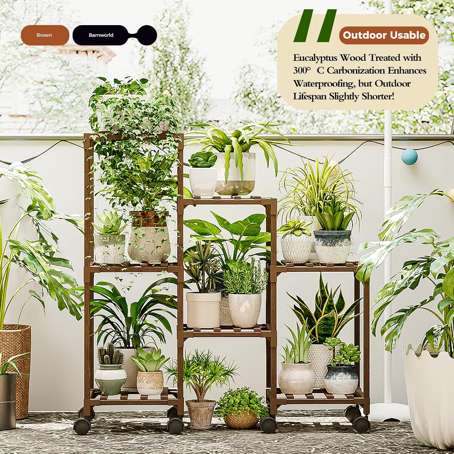 Bamworld Plant Stand with Wheels for Indoor Plants Wood Outdoor Tiered Shelf 3 Tire 7 Potted Ladder Plant Holder Table