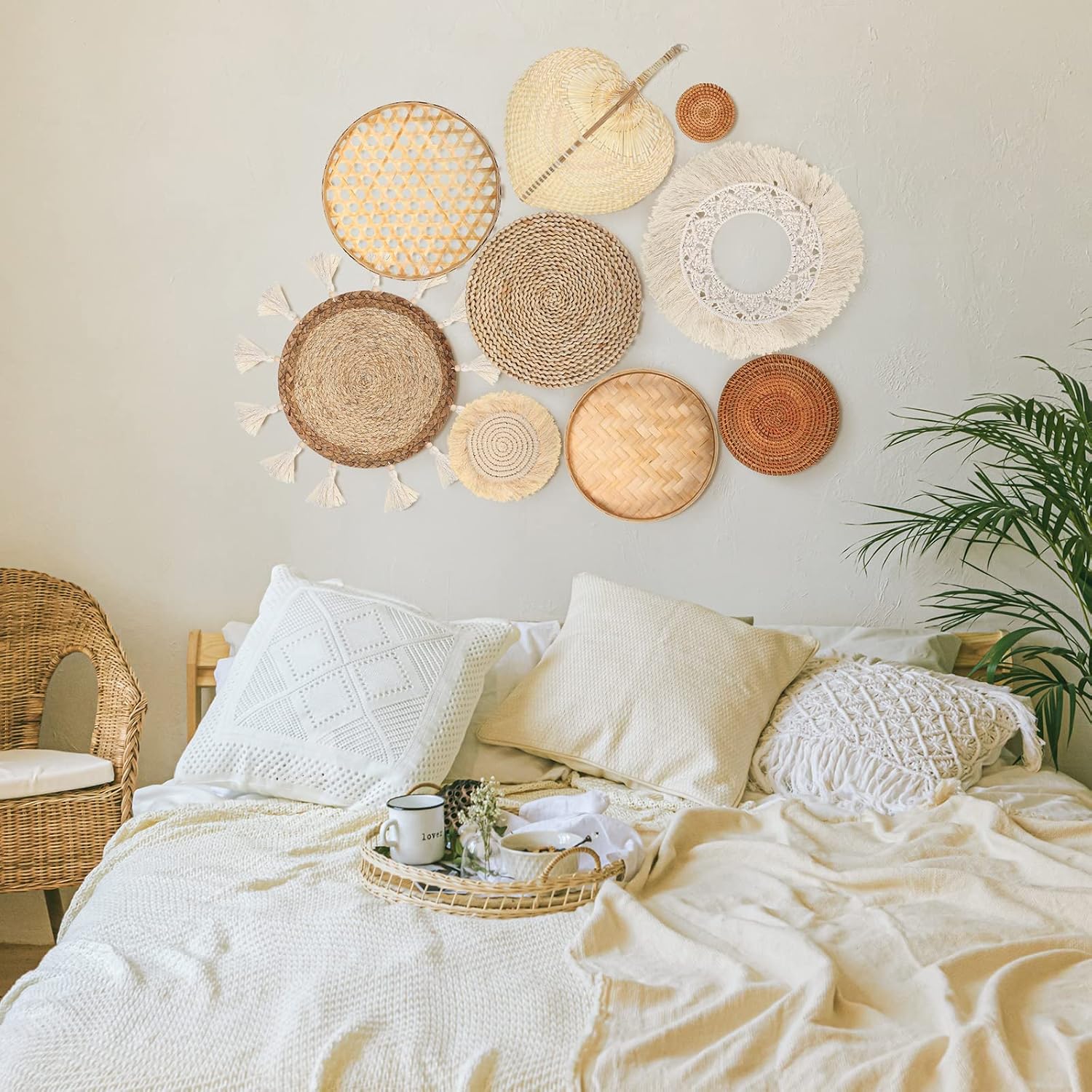 Wall Basket Decor Boho Wall Hanging Decor Rattan Wall Decor Flat Round Wicker Woven / Set of 9