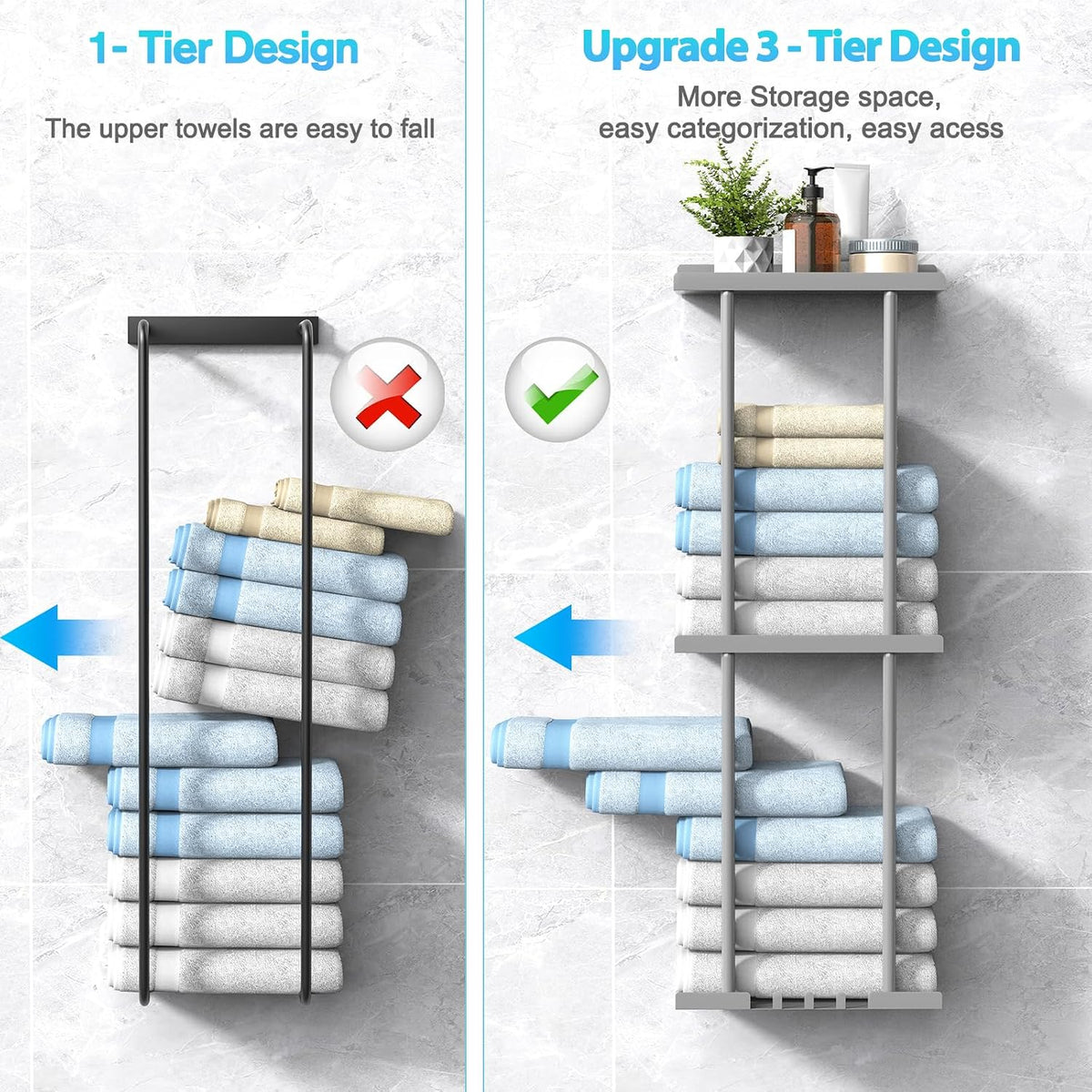 Liuoud Towel Rack for Bathroom, Wall Mounted Bath Towel Holder Storage Organizer for Rolled Towels, Vertical Towel Rack