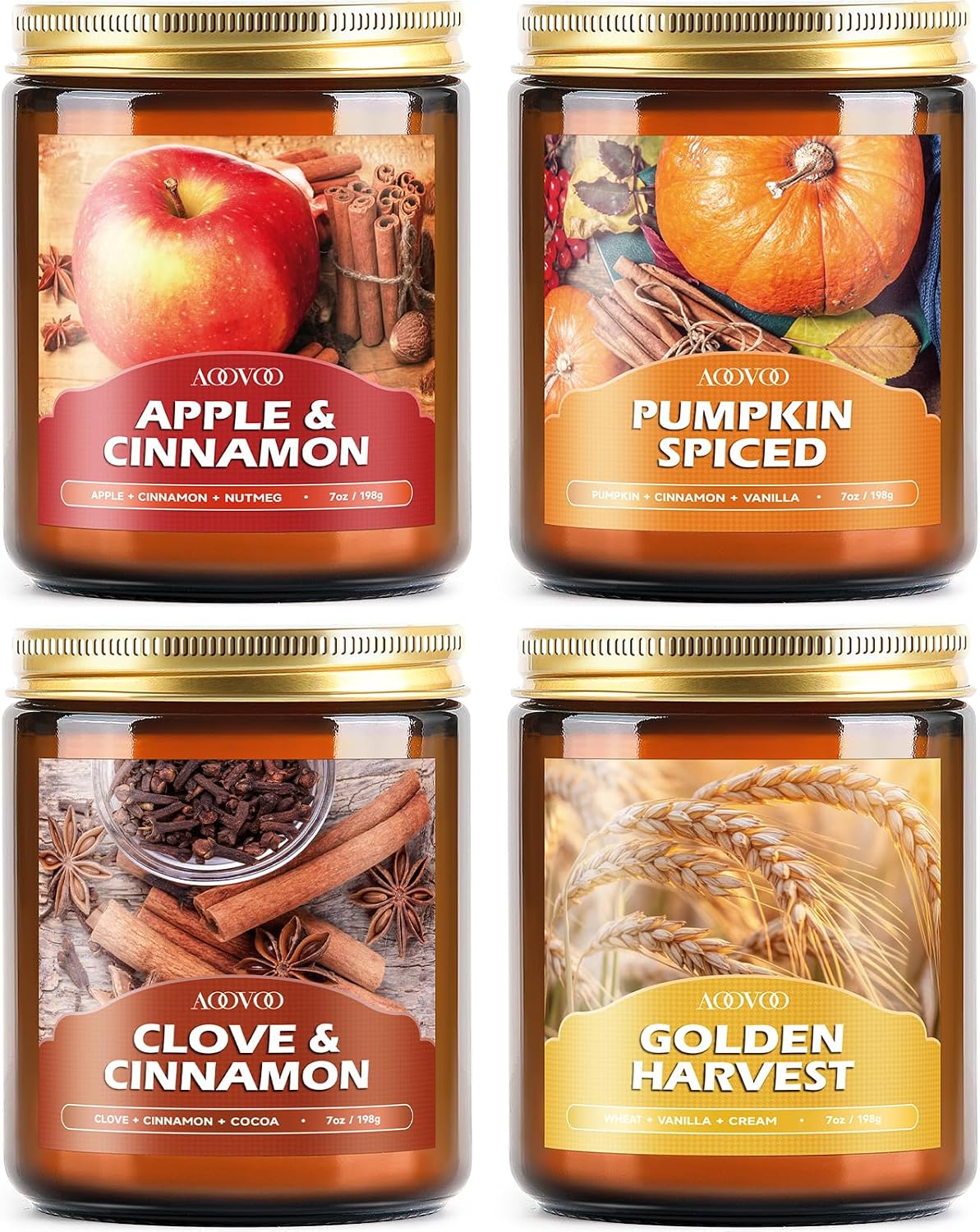 AOOVOO Fall Candles Set - 4 Pack Candles for Home Scented, 28 oz Natural Soy Wax 200 Hour Long Lasting, Autumn Gifts