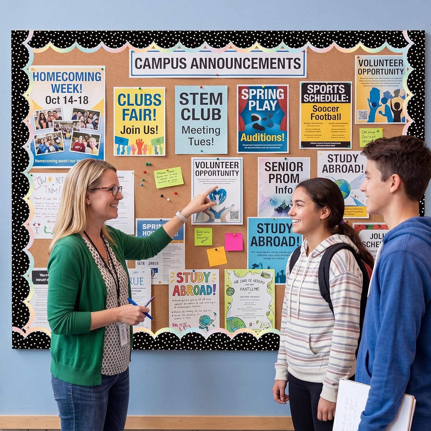 Bulletin Board Borders for Back to School Classroom and White Polka Dot Scalloped / Pastel / Black