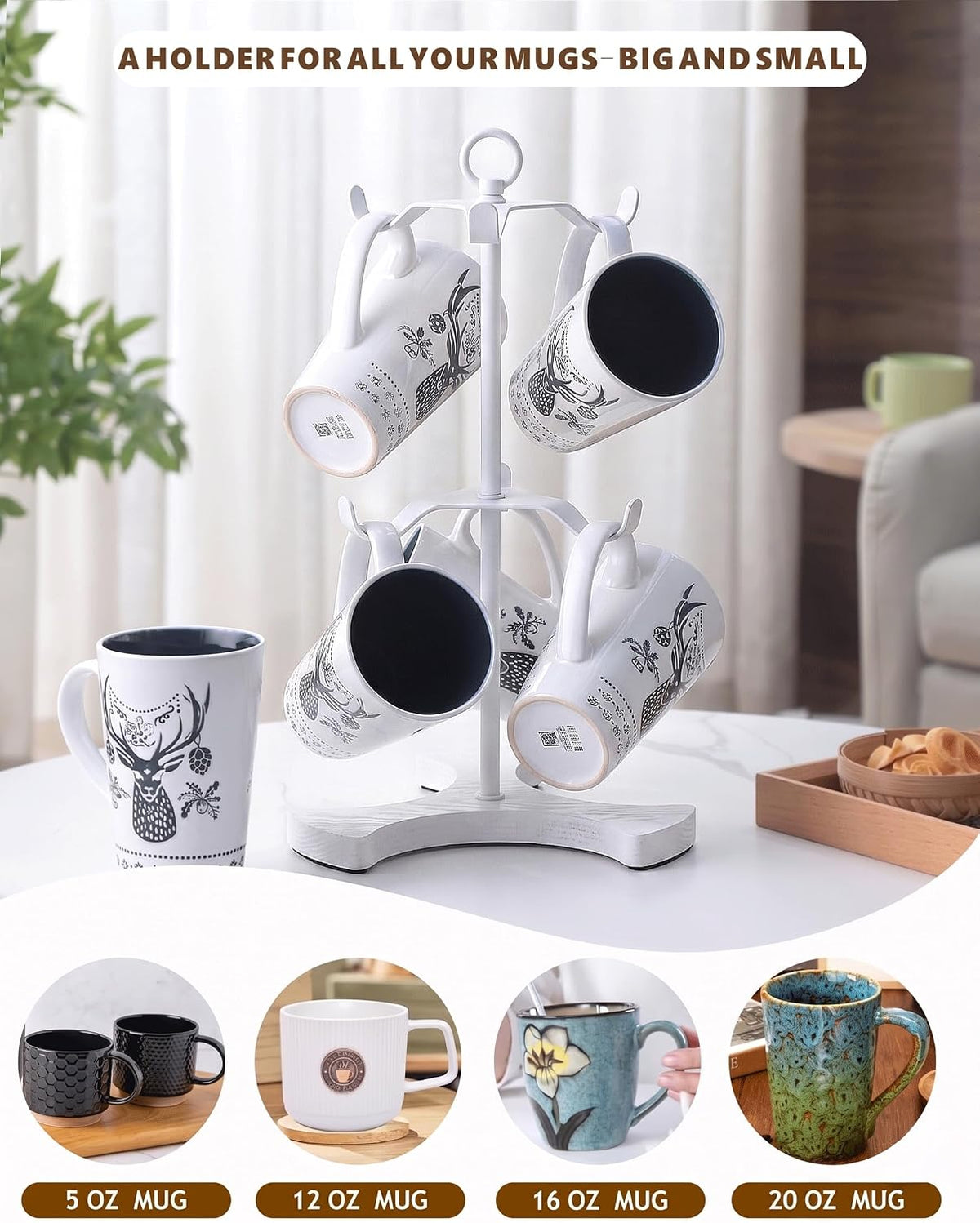 2-Tier White Coffee Mug Holder for Countertop, Mug Tree with 6 Spaced Hooks for Large Mugs, Metal Coffee Cup Rack with