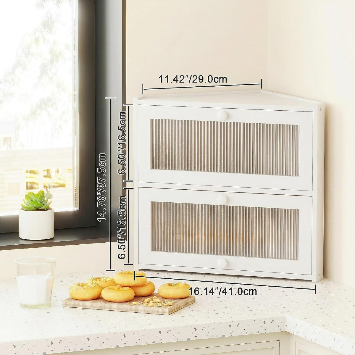BAMBANG Corner Bread Box for Kitchen Countertop, Double Layer Bamboo Bread Storage Container with Wavy Windows