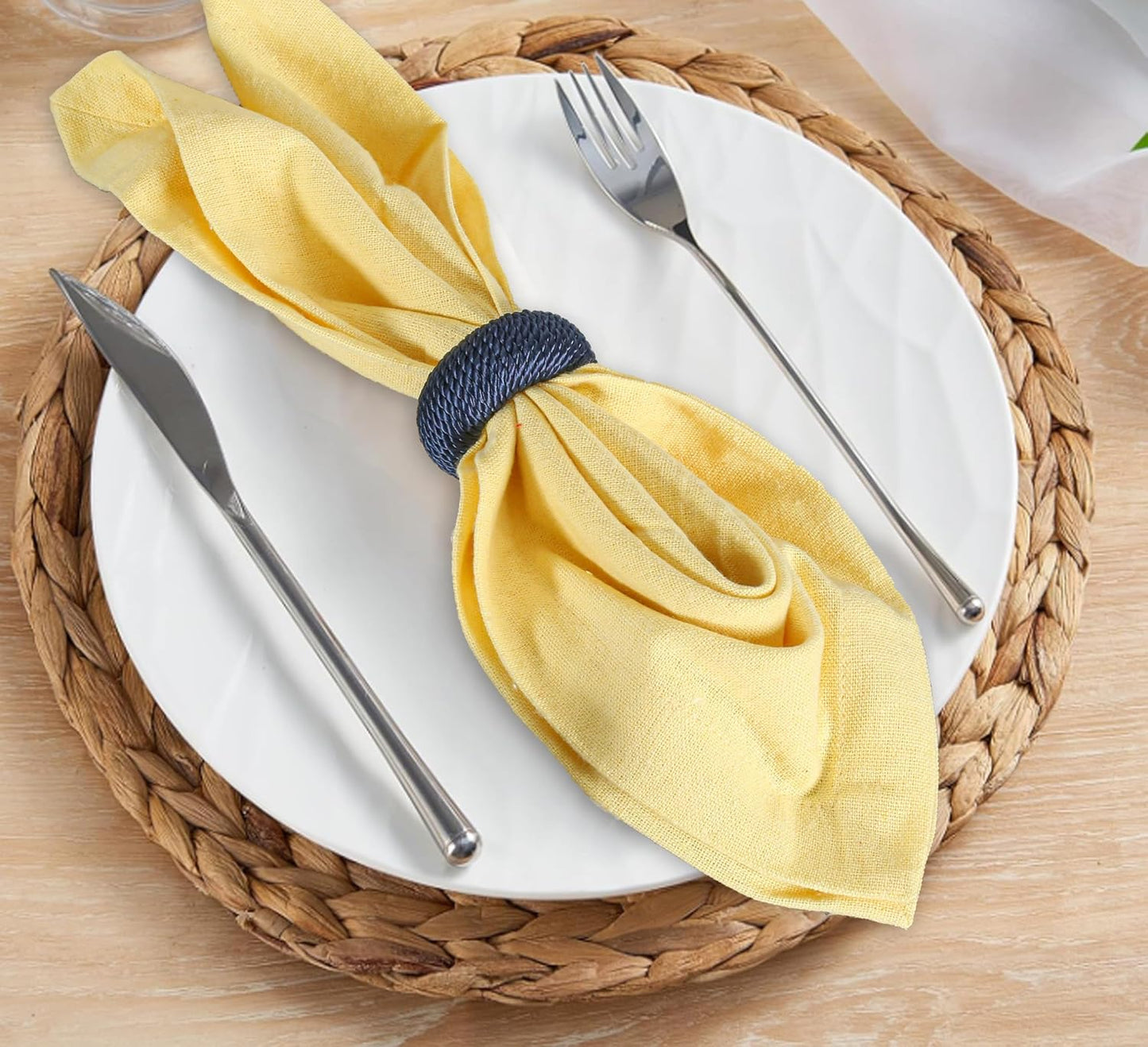 Alpha Living Home Woven Napkin Rings, Dark Blue, Set of 12 | Yarn-wrapped woven design, sturdy inner structure, fits