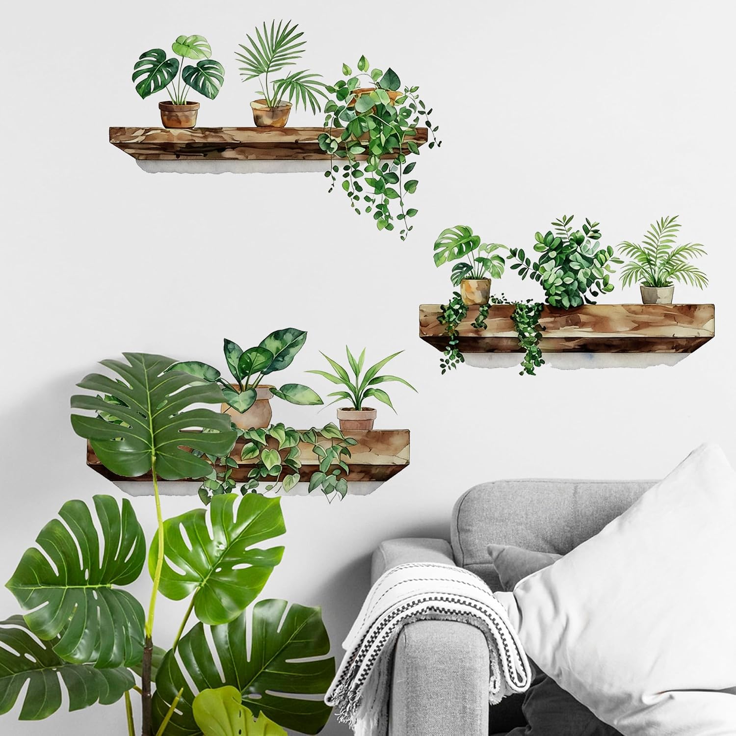 3D Bonsai Tropical Vine Leaves Wall Stickers / Green Plant Wall Decals