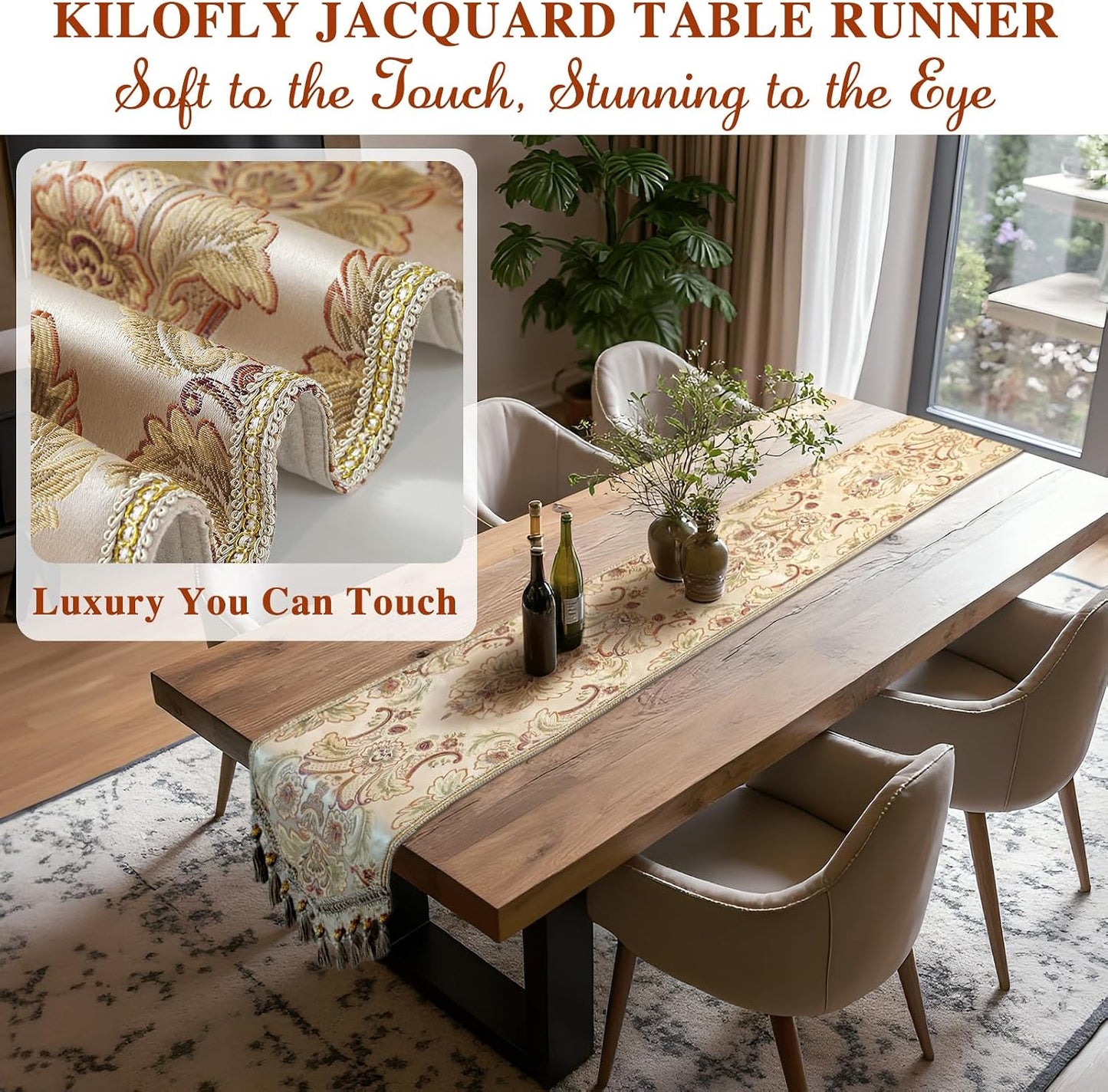 kilofly Elegant Floral Brocade Jacquard Table Runner Tassels (96 x 12 inches)