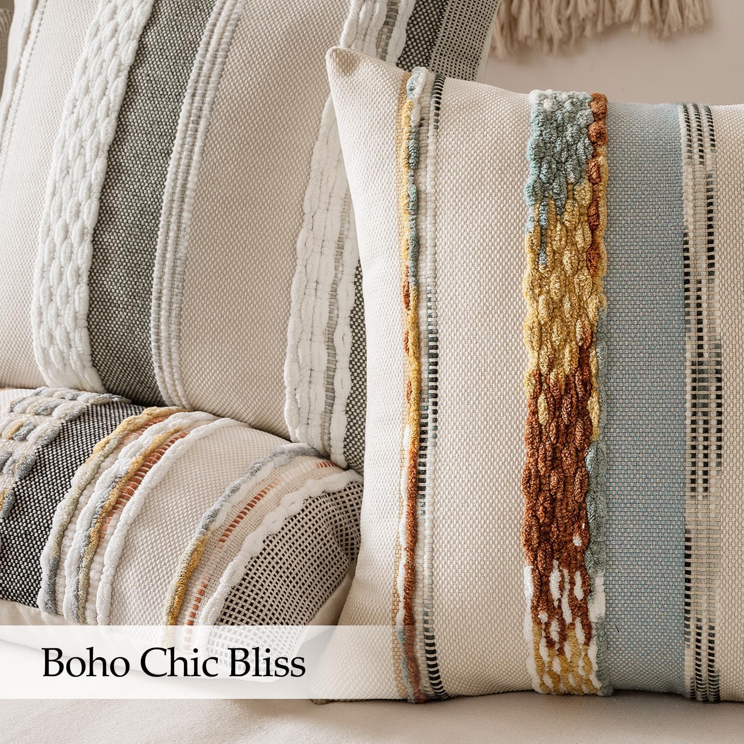 Boho Decorative Throw Pillow Covers Farmhouse Cushion Case / Blue-earth Tones / 18 x 18 / Set of 2