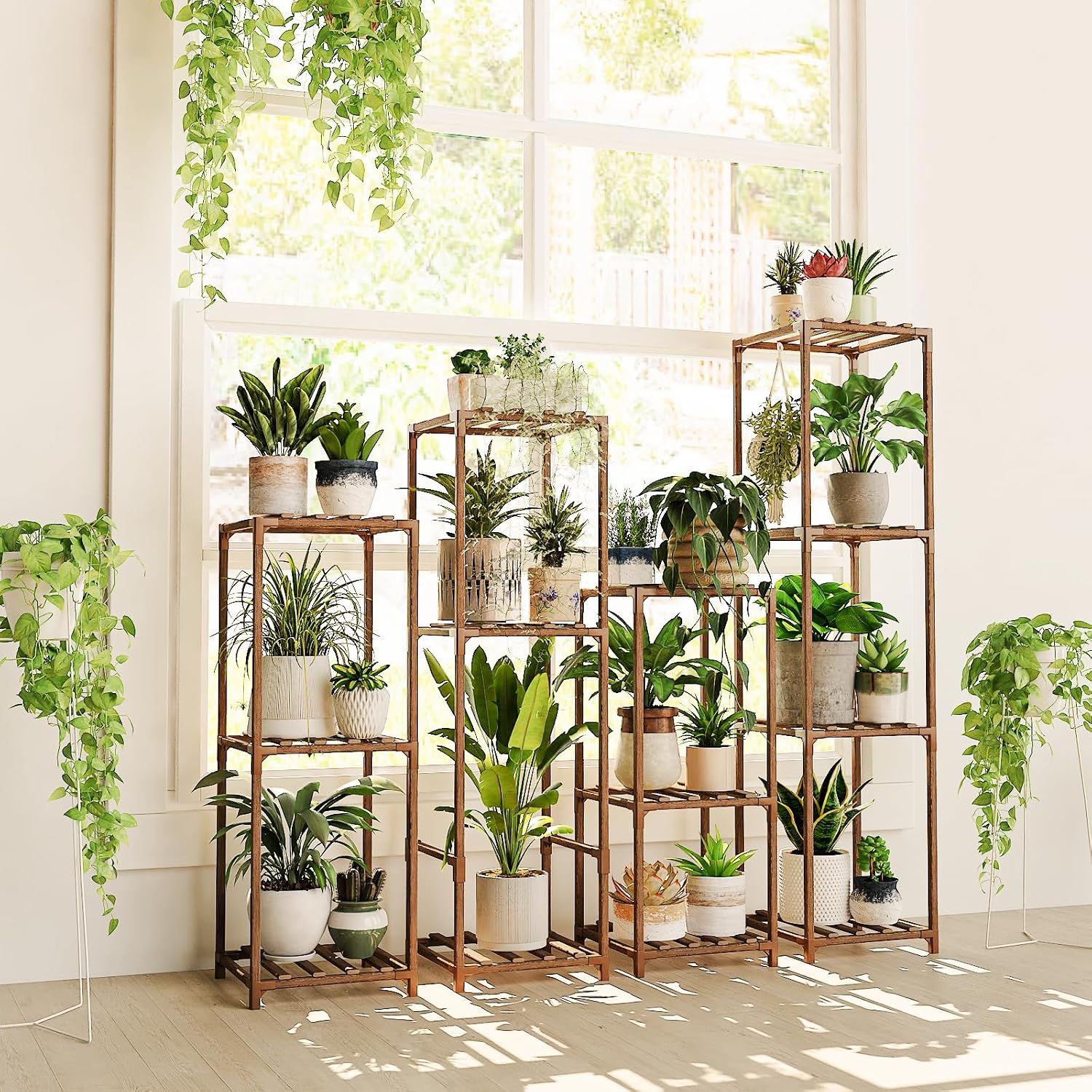 Bamworld Plant Stands Indoor 4 Sets Plant Shelves Outdoor | Tall Wooden Plant Holder for Multiple Plants Flower Stands