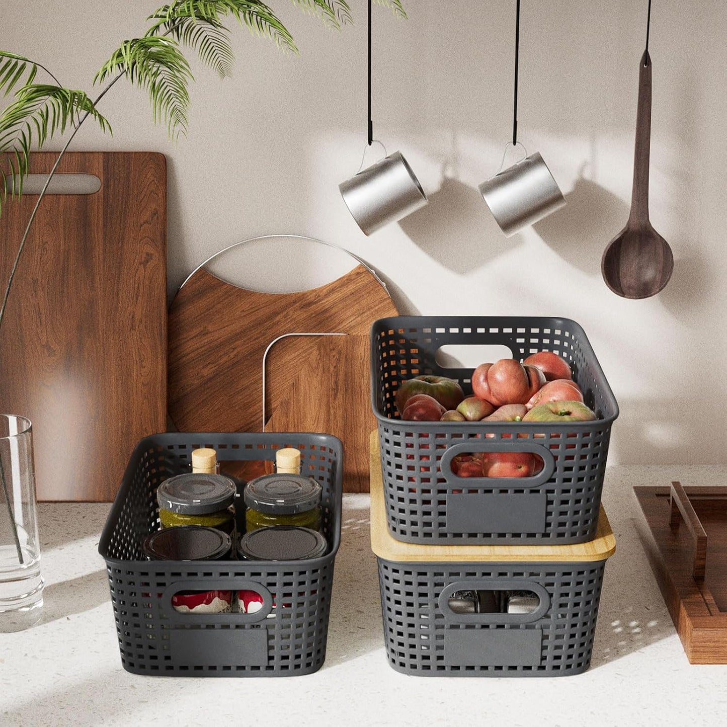 Storage Bins / Stackable Plastic Storage Basket / Gray / Set of 6