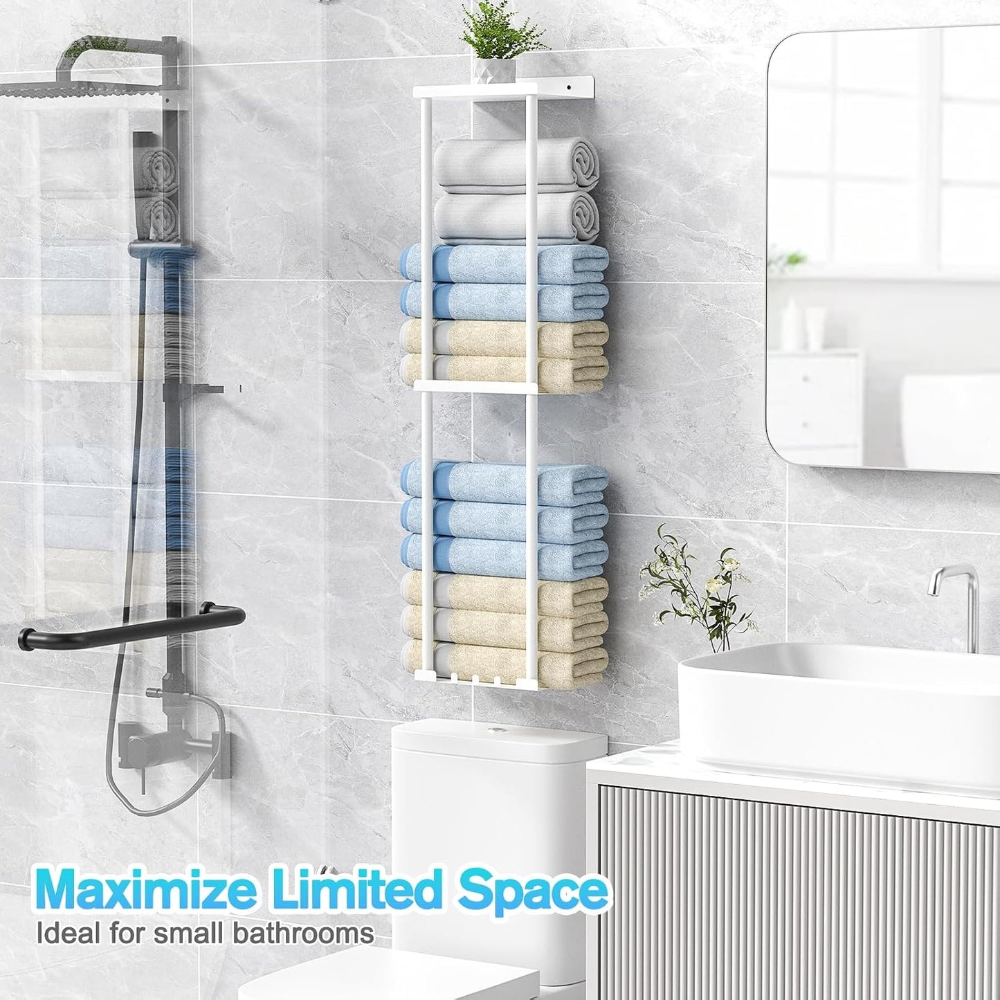 Liuoud Towel Rack for Bathroom, Wall Mounted Vertical Rolled Towel Storage Organizer Holder with Shelf, Holds Up 6
