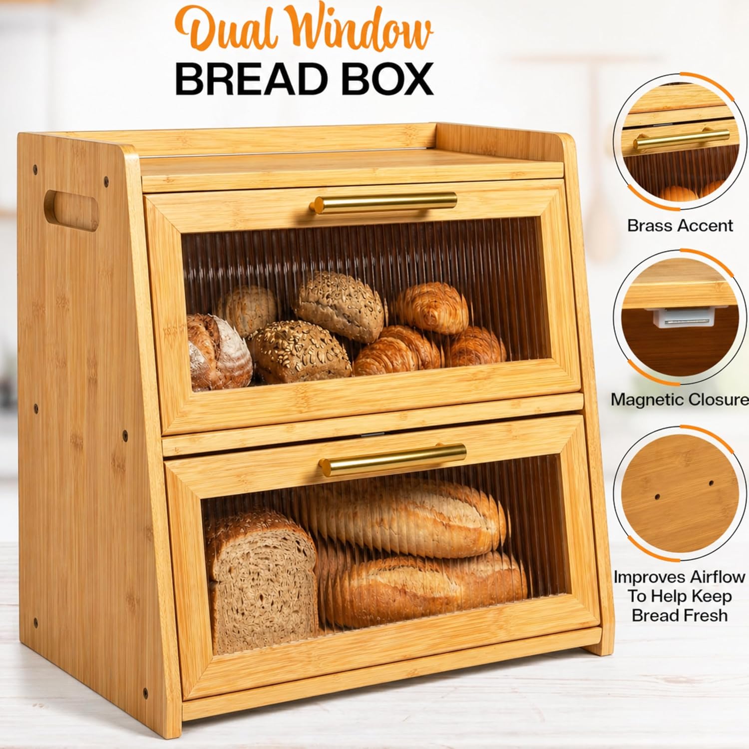 Extra Large Bamboo Bread Box for Kitchen Countertop, Double Layer Wooden Breadbox Holds Multiple Loaves of Homemade
