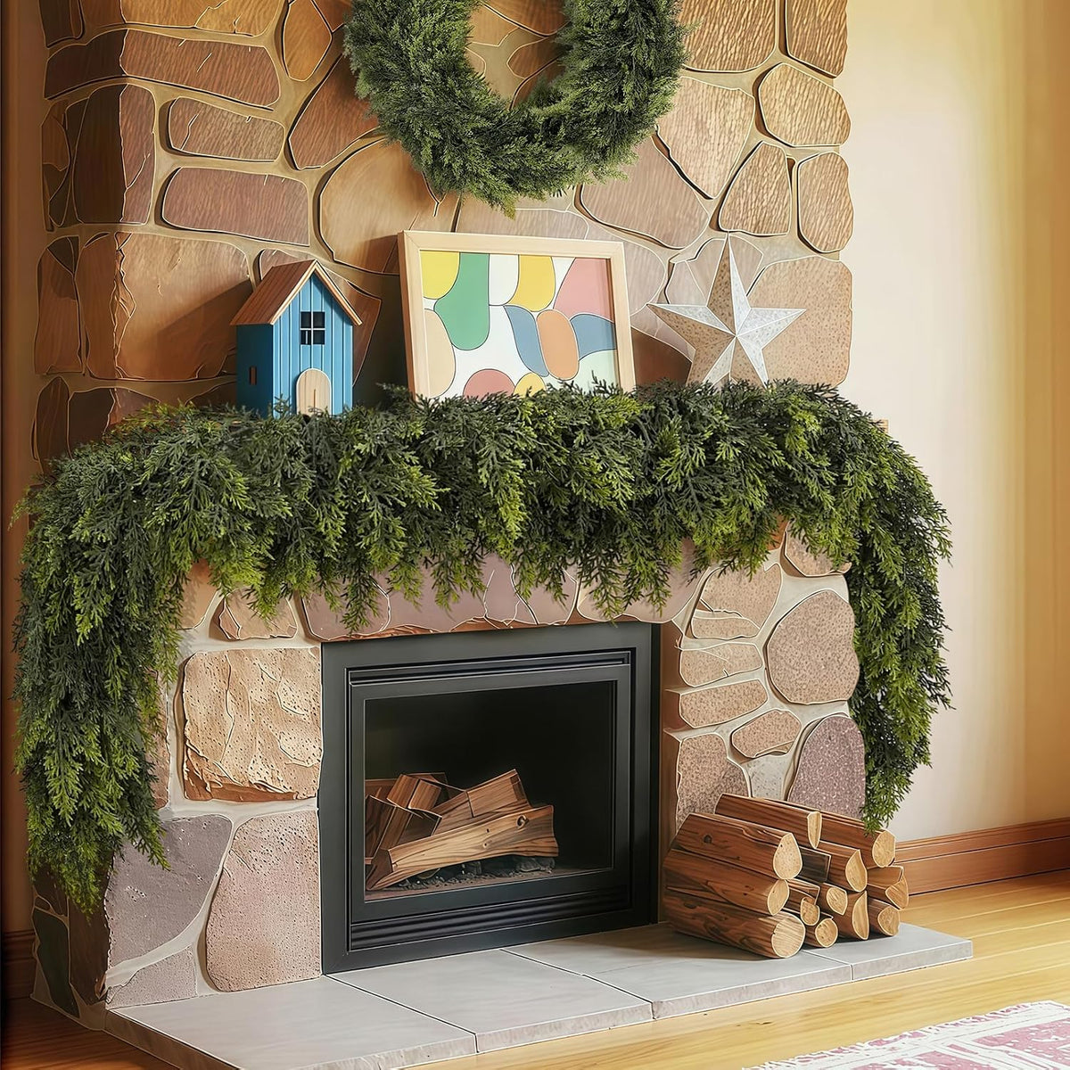 LVZHIYUAN 2 Pcs 6FT Christmas Garland,Real Touch Cedar Garland | Soft & Full Artificial Cypress Garlands for Mantle