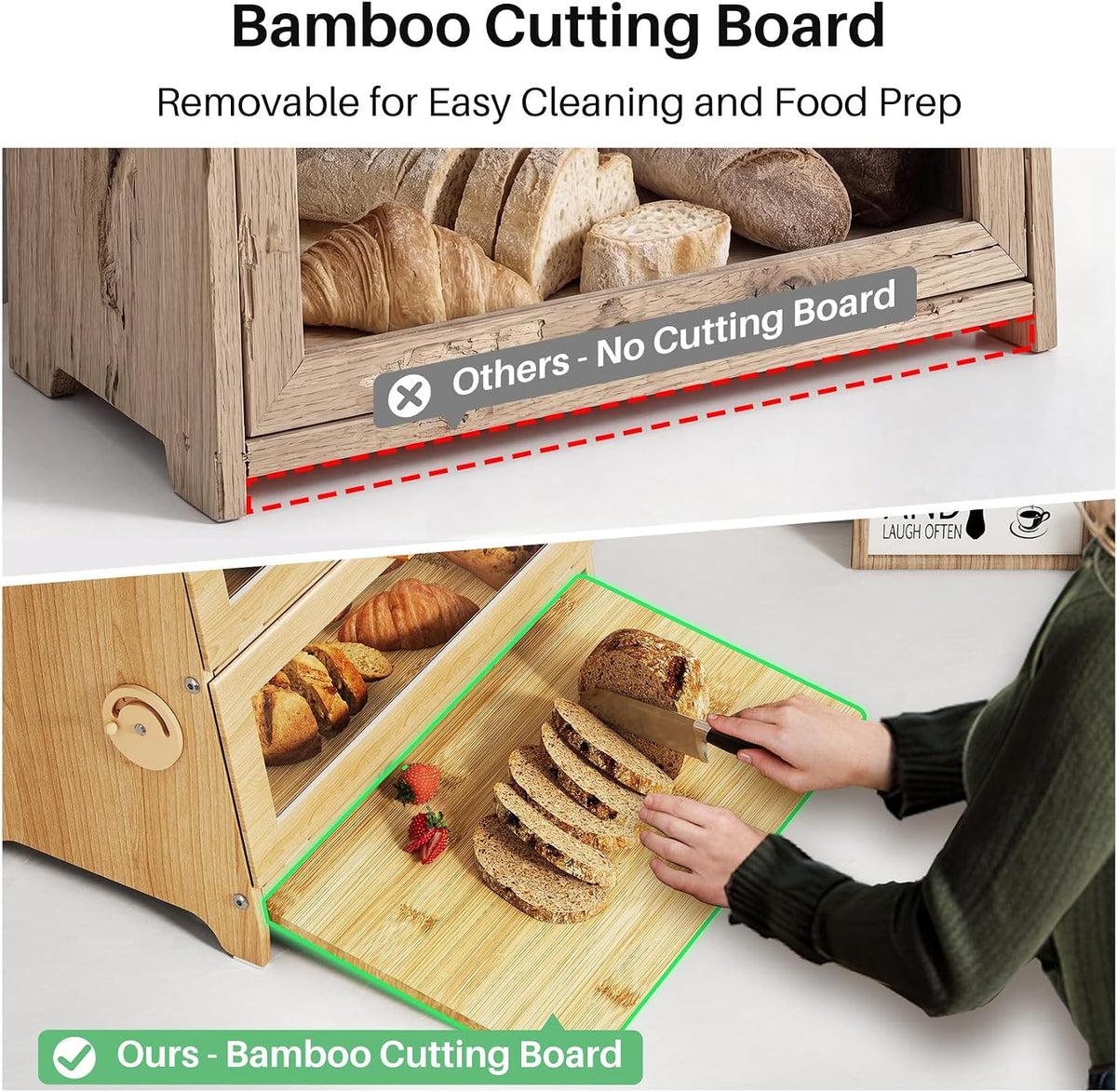 SNTD Bread Box for Kitchen Countertop, Adjustable Ventilation, Natural | Bamboo Cutting Board, Airtight Design
