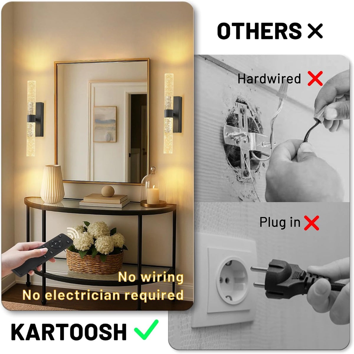 KARTOOSH Battery Operated Wall Sconce Set of Two with Remote Control | Rechargeable Wireless Wall Decor Light, 3CCT