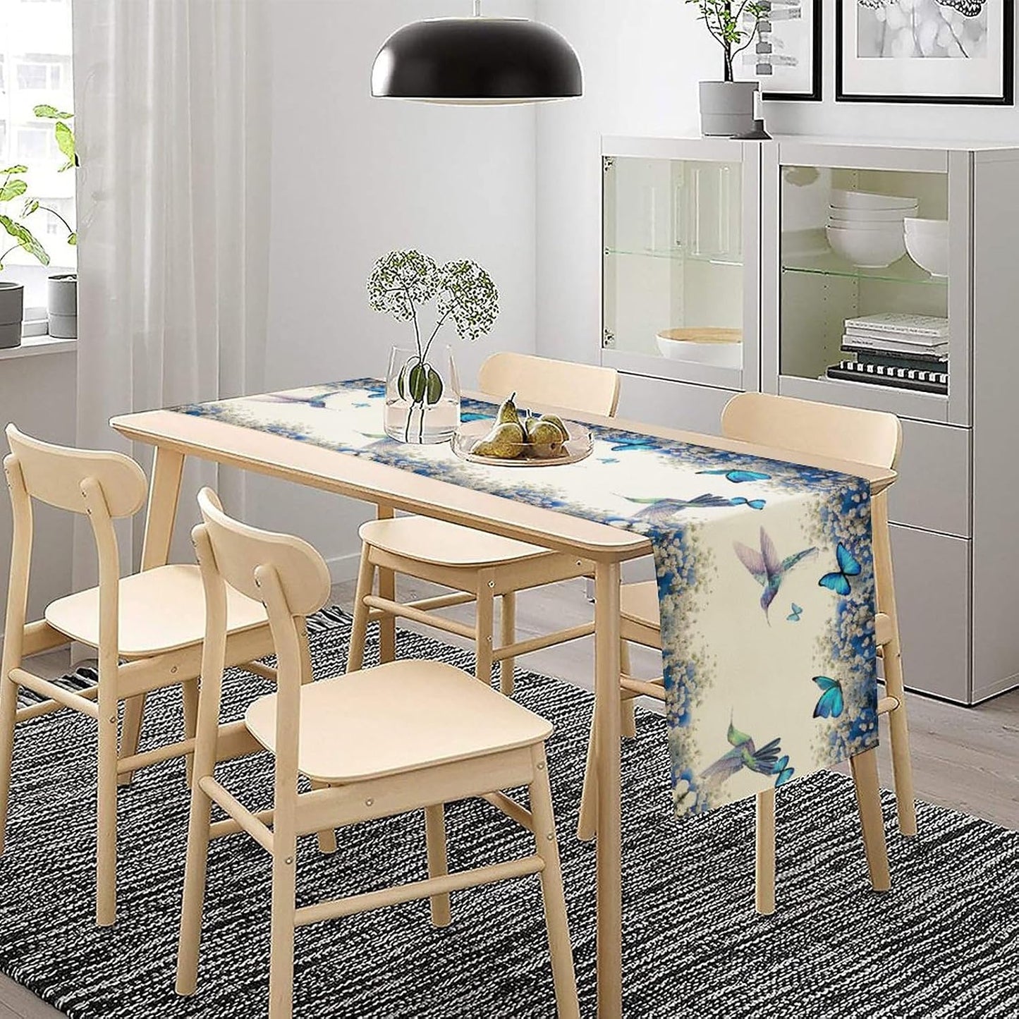 Hummingbird Flower Table Runner, Watercolor Spring Garden Theme Blue Flowers Butterfly Hummingbird Patterns Printed