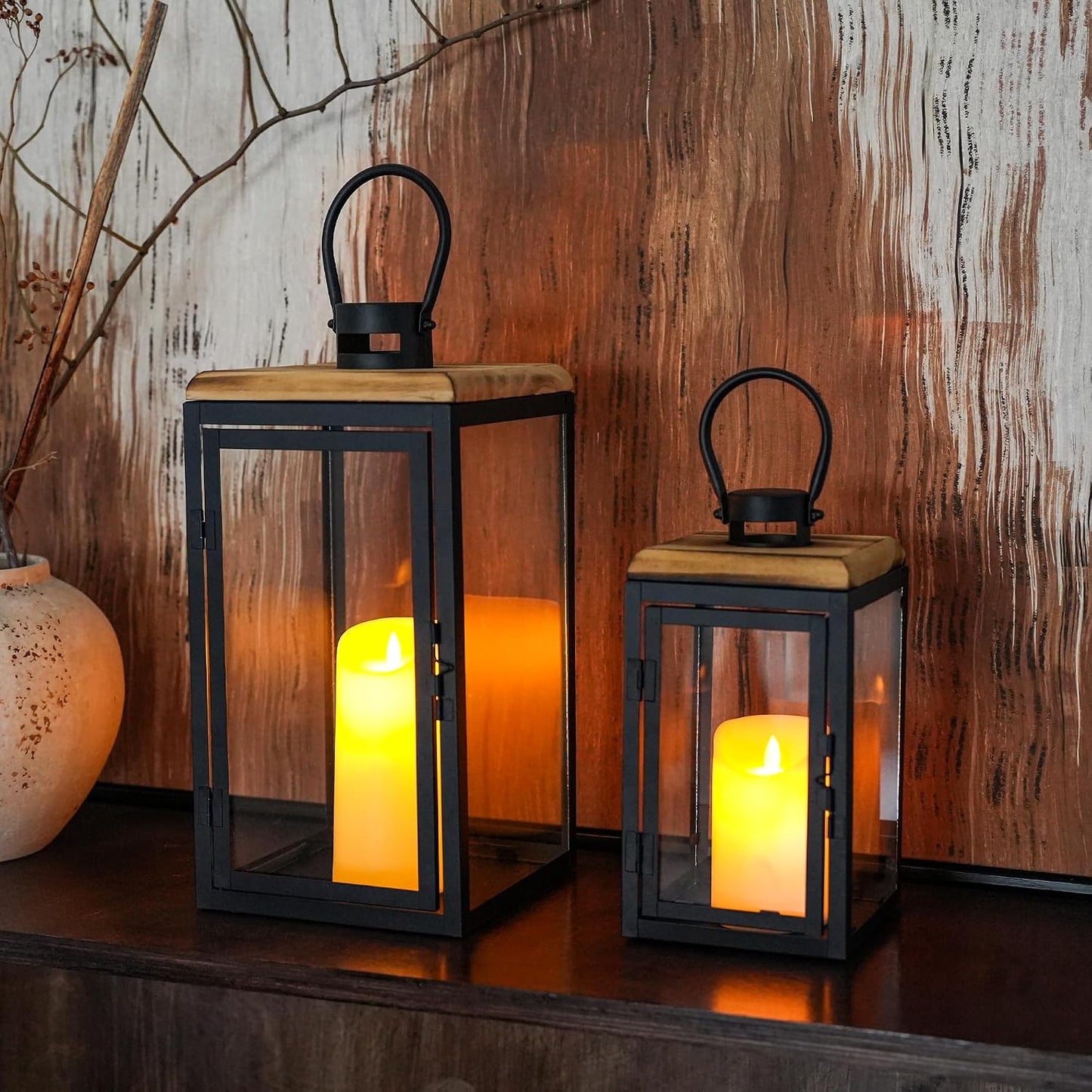 TRIROCKS Set of 2 Decorative Candle Lantern 16'' & 11'' High Metal Candle Holder Hanging Lantern Perfect for Home Decor