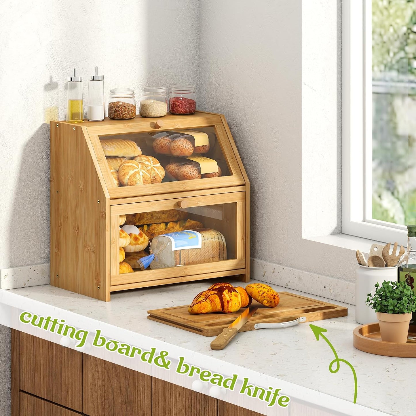 BMOSU Bread Box with Cutting Board Kitchen Bread Storage Organizer Farmhouse Countertop Double Bamboo Wood Bread