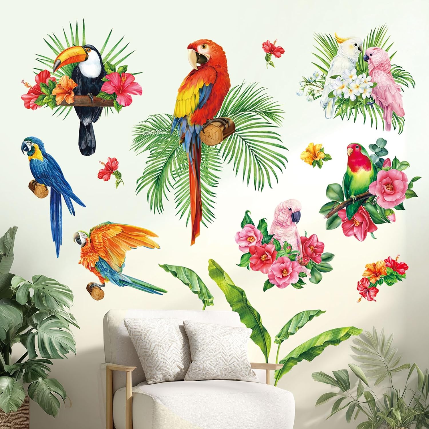 SG2-108 Tropical Plants Parrot Wall Decals Leaf Birds Watercolor Stickers for Kids / Green