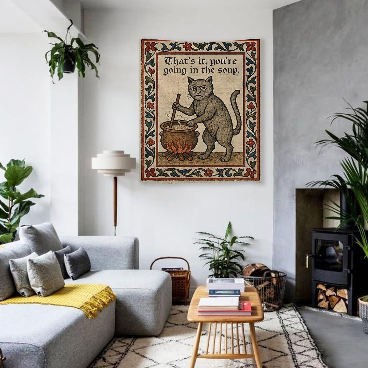 Weird Medieval Cat Woven Tapestry Vintage Medieval Cat Aesthetic / Tapestries / White / 60"L x 40"W