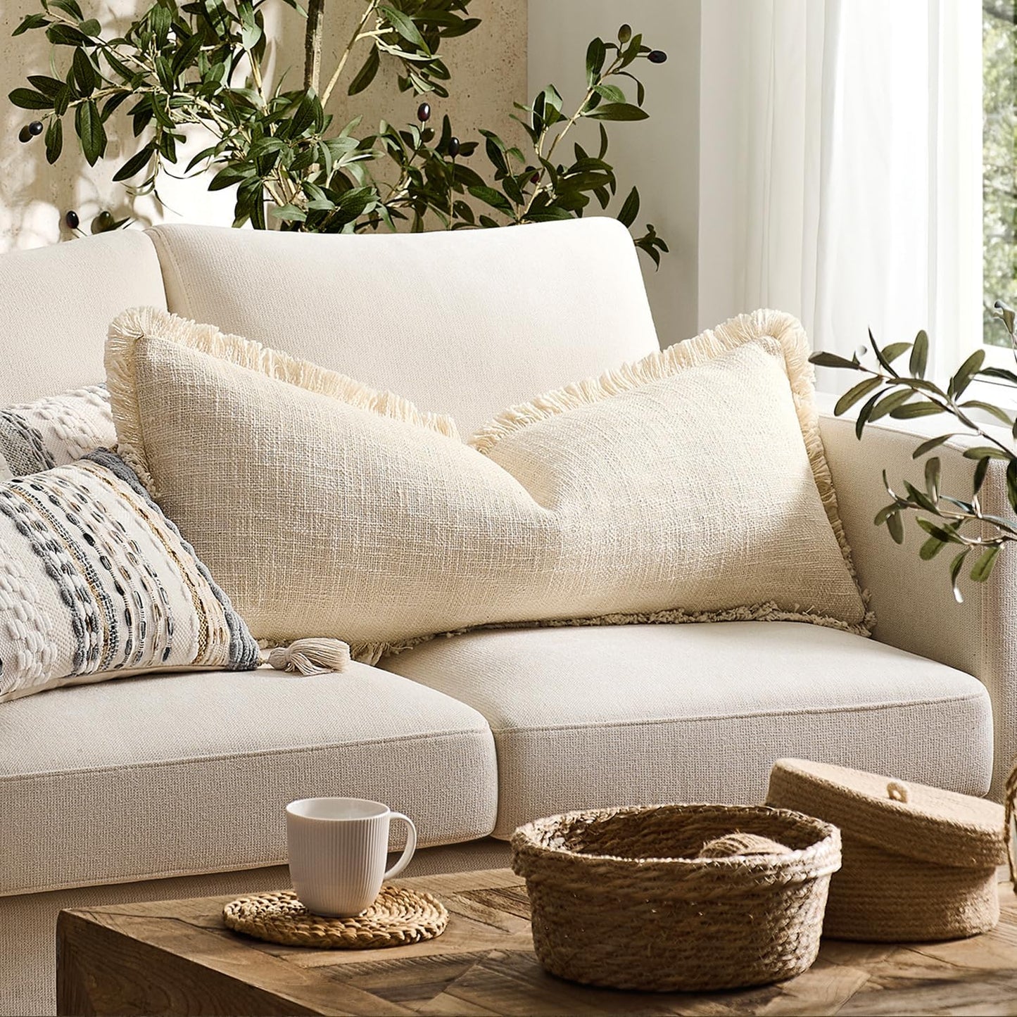 Kevin Textile Long Lumbar Pillow Cover Boho Fringe Decorative Rectangle Cushion / 36 x 14 / Beige