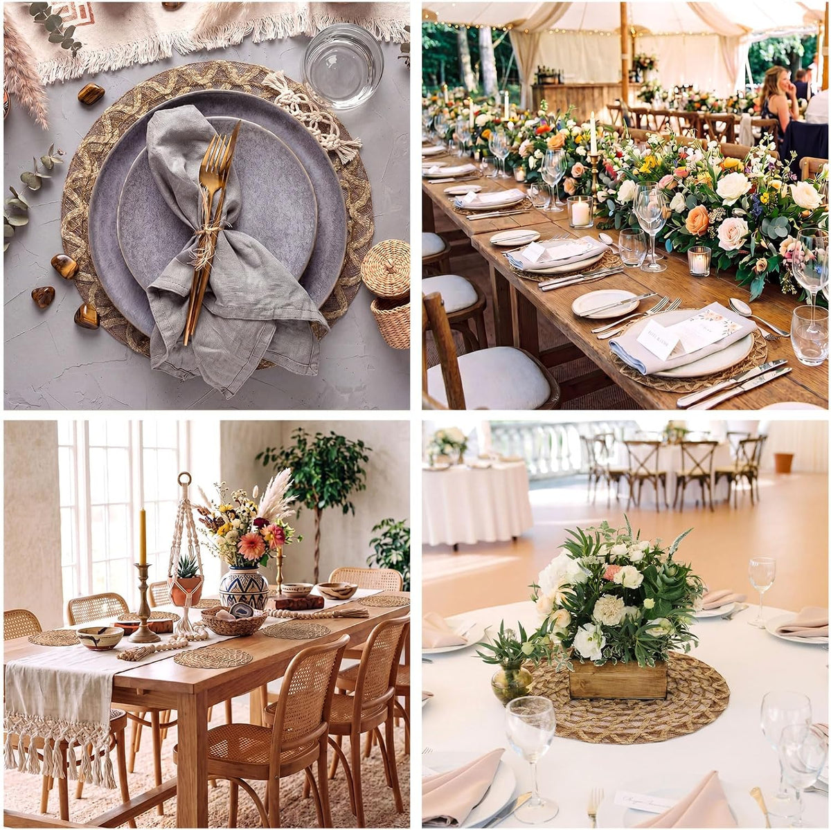 12 Pcs 15 Inch Round Burlap Placemat Boho Jute Woven Charger Bulk Rustic Vintage Natural Brown Heat Resistant Dining
