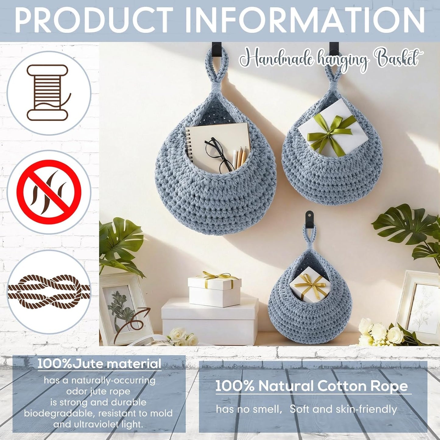 Boho Decor Hanging Wall Baskets / Light Blue / Cotton Rope / Teardrop / Set of 3