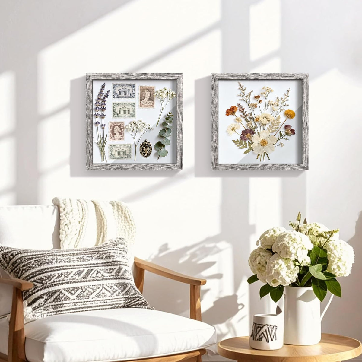 10x10 Gray Wooden Shadow Box Frame, Tempered Glass, 2 Pack | Black Backboard, Tabletop & Vertical/Horizontal Wall