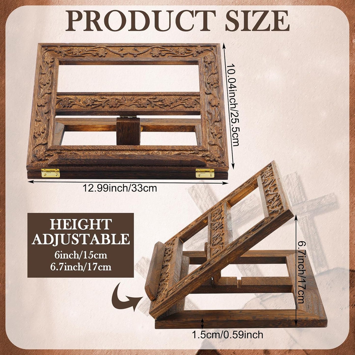 DoubleFill Adjustable Wooden Bible Stand Carved Bible Holder Missal Stand Book Display for Reading Folding Religious