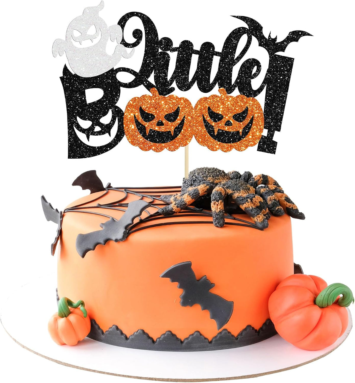 Gyufise 1Pc Little Boo Halloween Cake Topper Black Glitter Pumpkin Ghost
