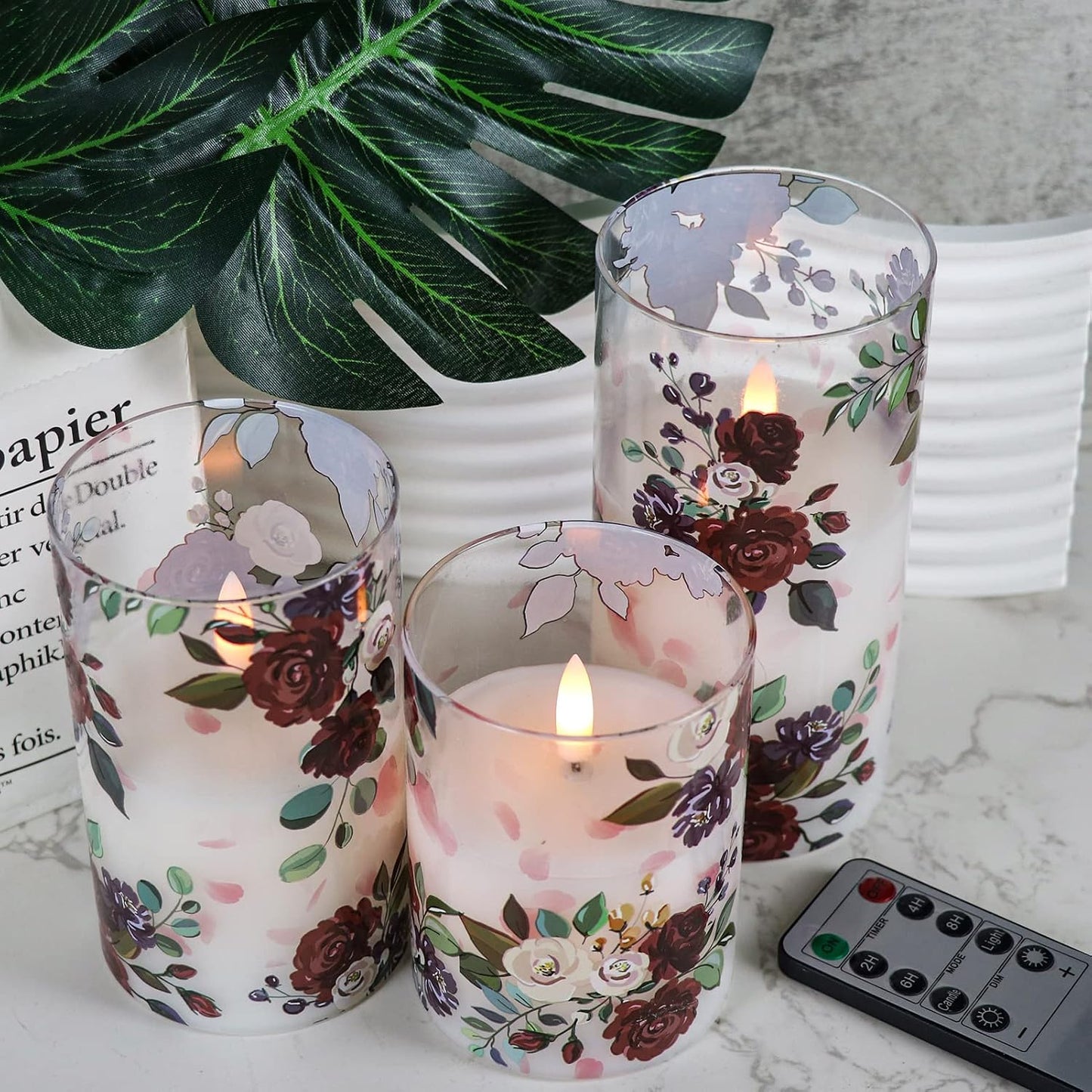 Rose Glass Flameless Candles Battery Operated with Remote Timer | LED Flickering Pillar Candles, Real Wax 400 Hours