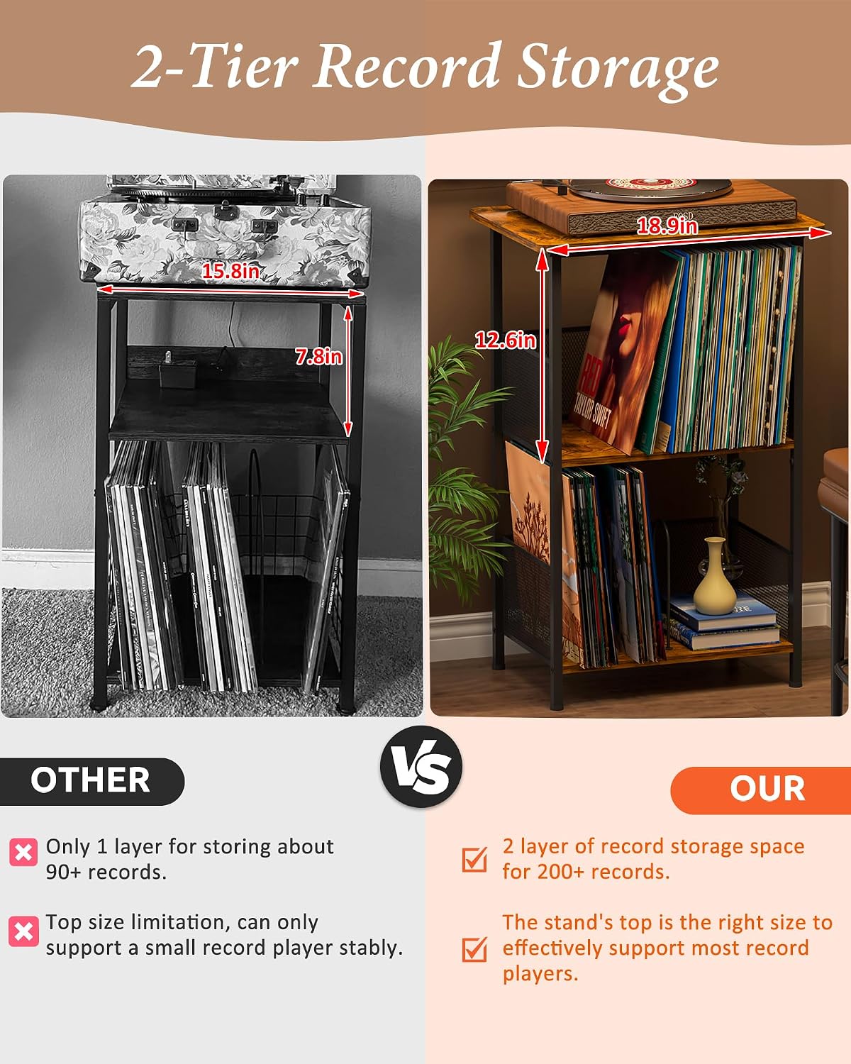 Honkazita 3 Tier Vinyl Record Storage Table Wooden Turntable Stand | holds up to 200 albums, now playing vinyl record