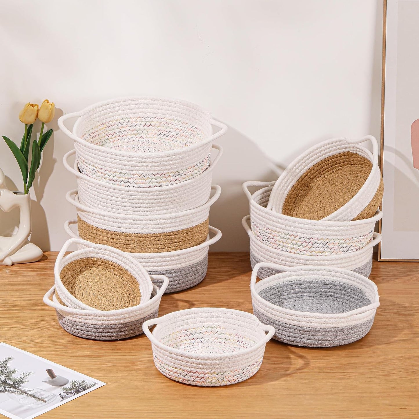 Small Storage Woven Baskets Shelves Natural Cotton Rope Bins / White & Jute