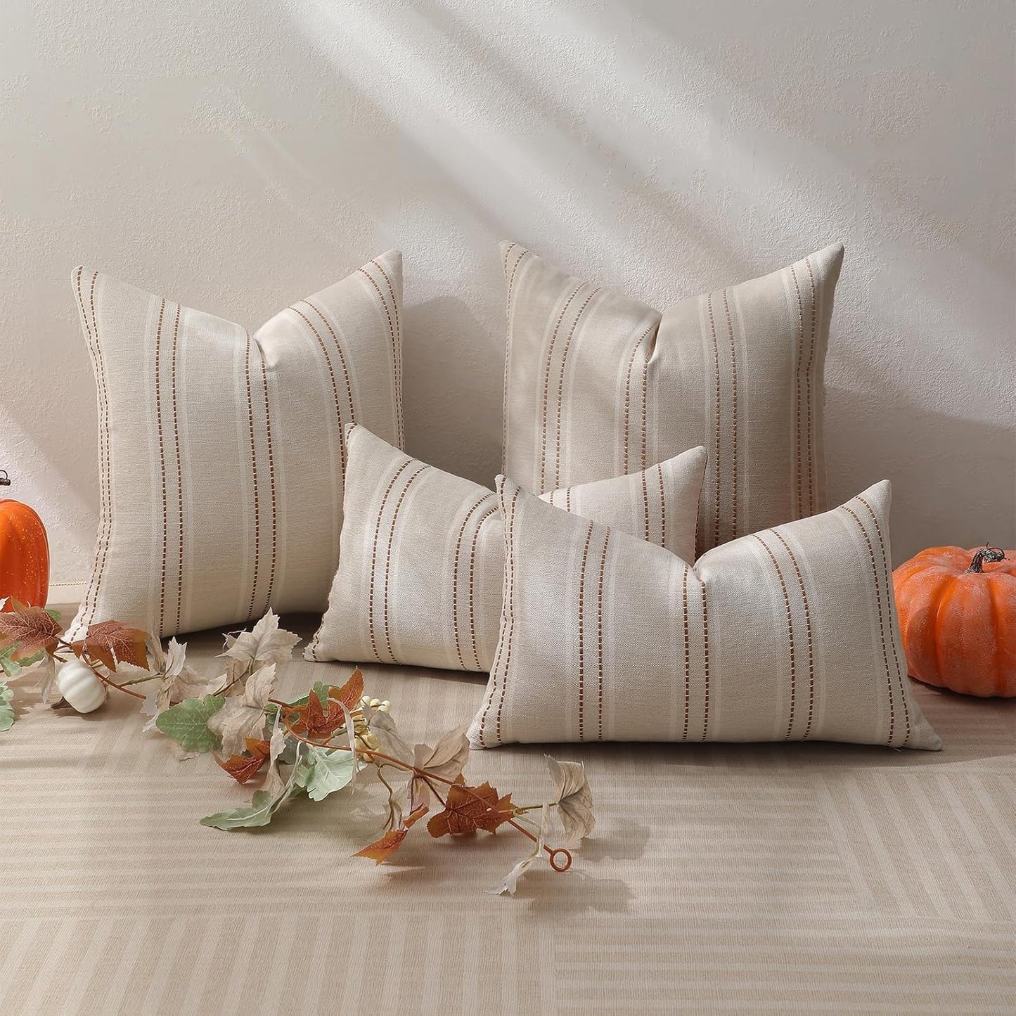 Fall Throw Pillow Covers Striped Pillow Covers Textured Linen / Caramel / 18 x 18 / Set of 2