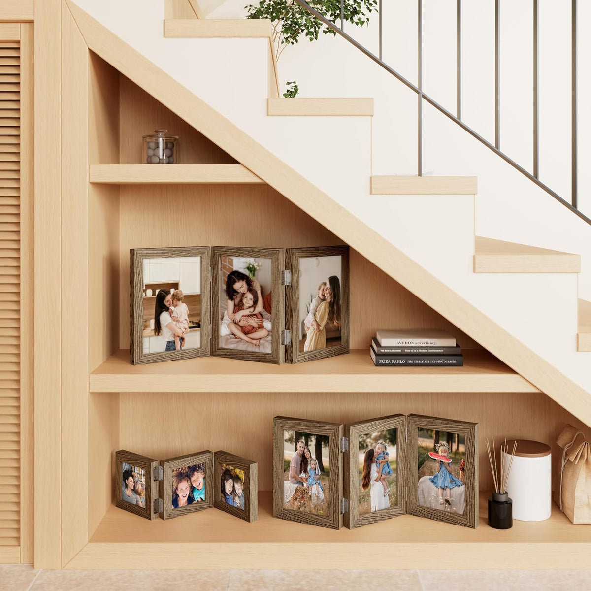 decorUhome Natural Triple 8x10 Picture Frame Vertical, MDNT08 | "Z" Shape Folding Design Engineered Wood Trifold Photo