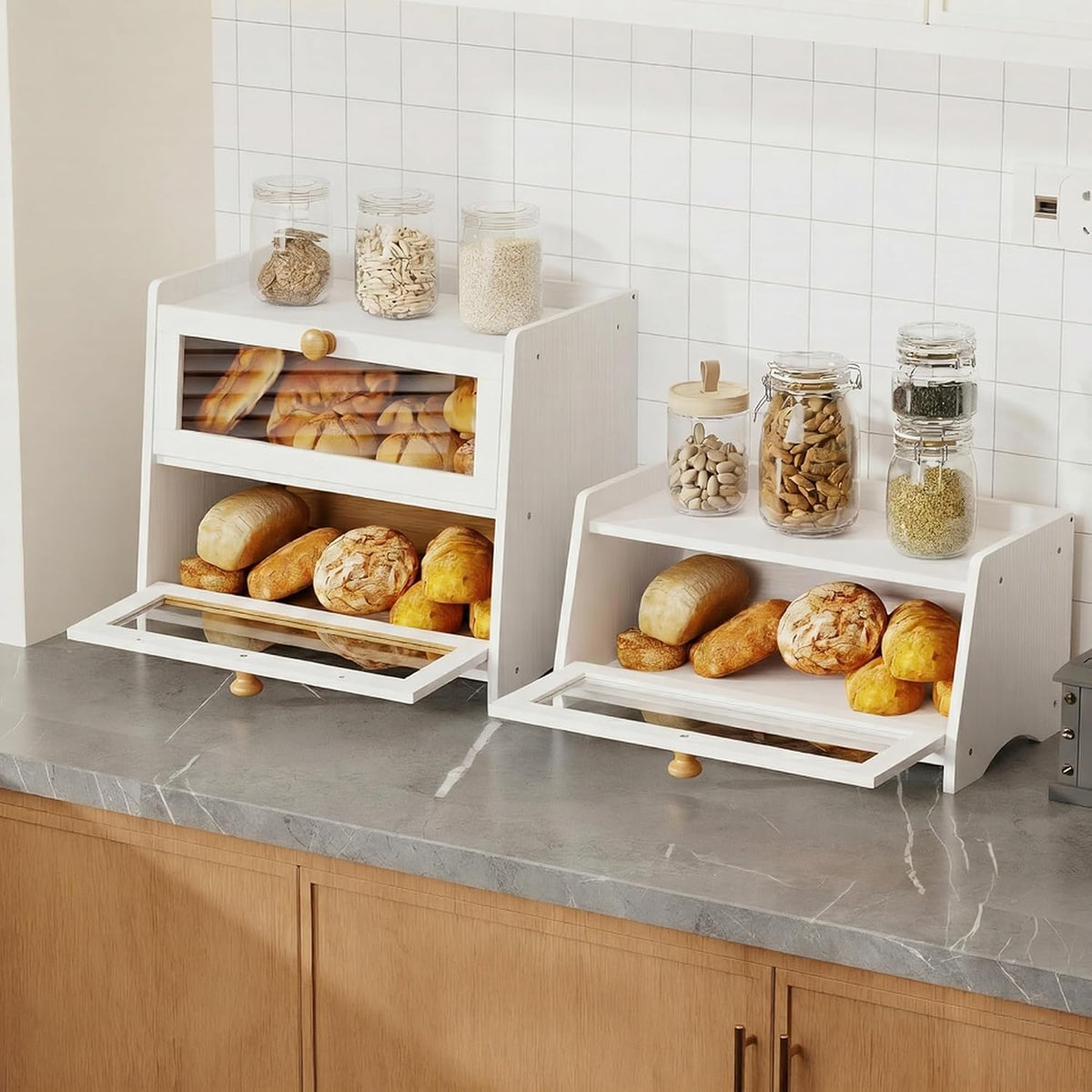 BAMBANG Bread Box for Kitchen Countertop, Extra Large Bamboo Bread Storage Container for Homemade Bread, Double Layer