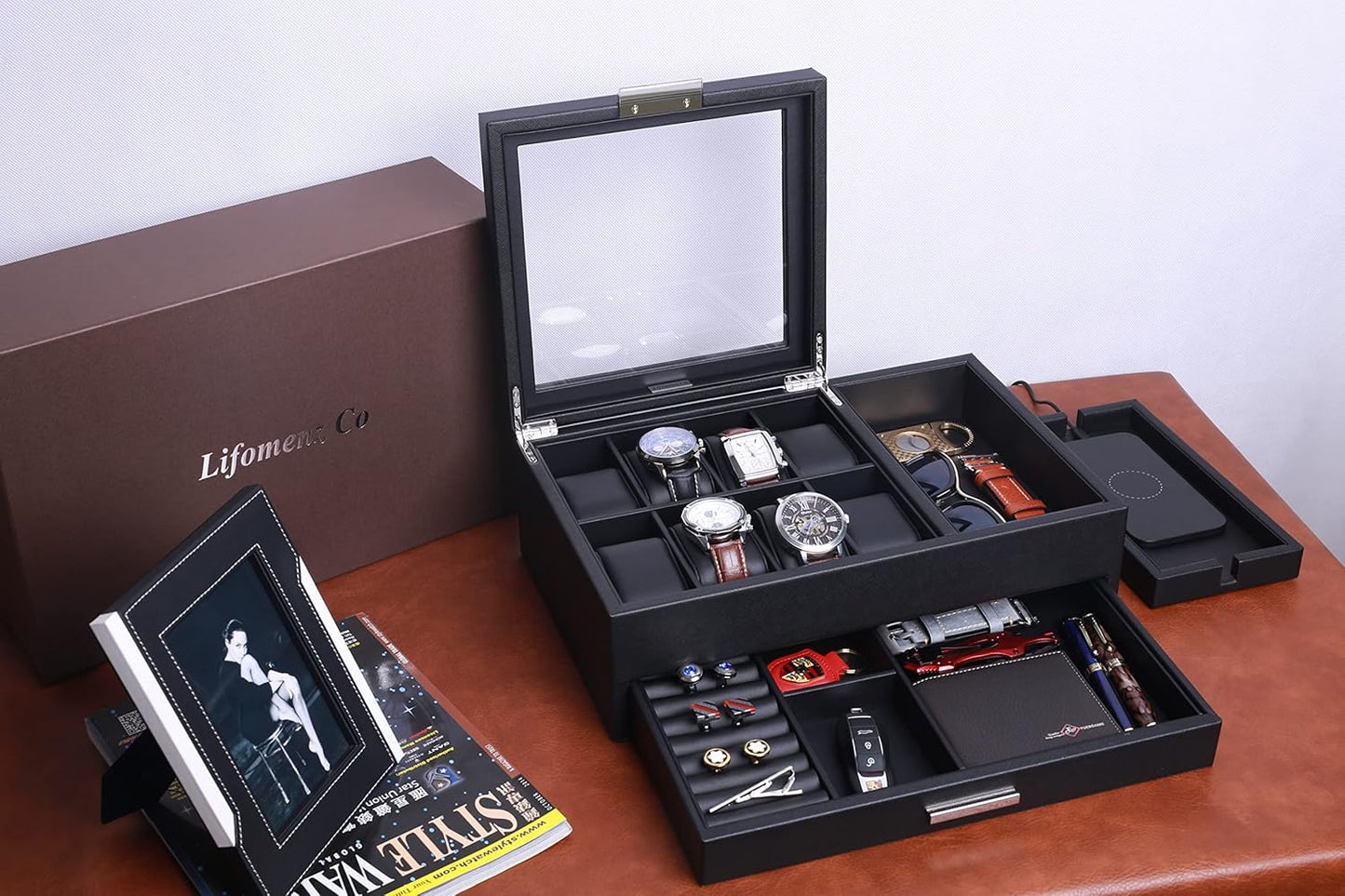 Mens Jewelry Box Organizer with Charging Station - Valet Tray with Drawer for Watch, Wallet, Sunglasses, Keys