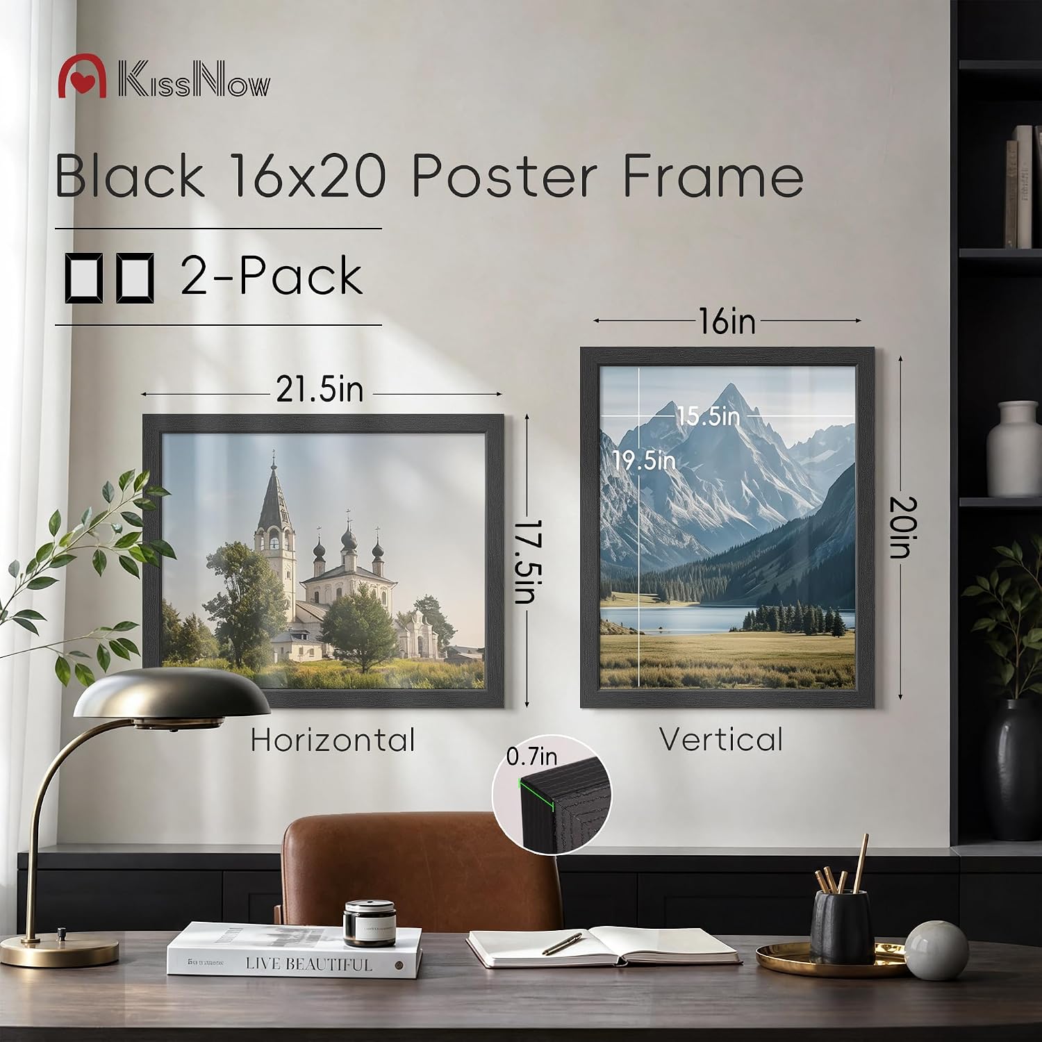 16x20 Picture Frame, Black Solid Wood, 2 Pack, Wall Hanging for Art | Thick & Wide Border, HD Plexiglass, Horizontal or