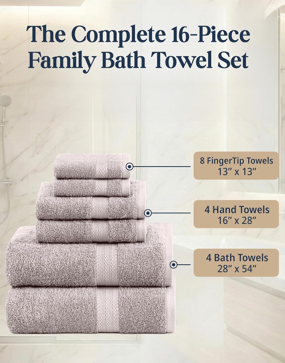 LANE LINEN Bath Towel Set 100% Cotton 16 Piece Soft Absorbent - Platinum | Cotton Towel Set - Densely Woven & Soft