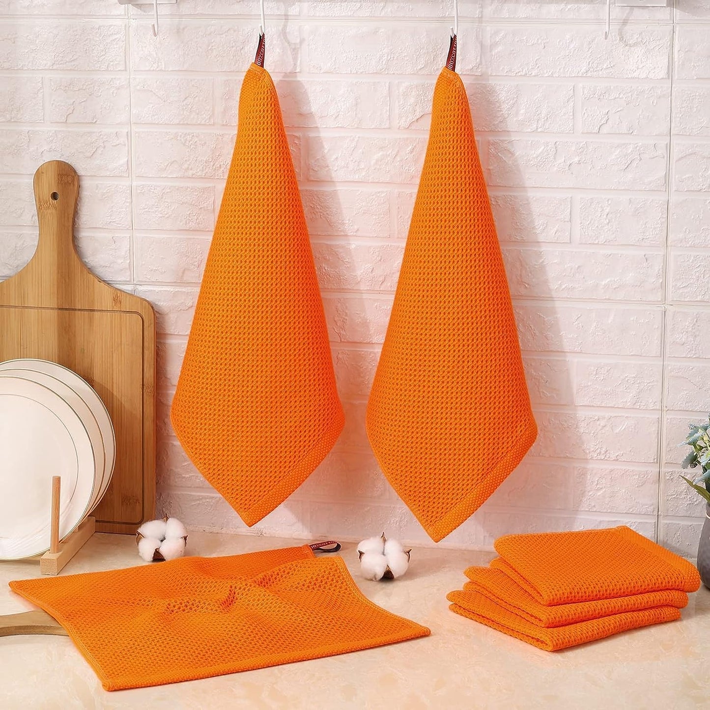 Kitinjoy 100% Cotton Waffle 12-Pack Kitchen Towels, 12" x 12", Orange | Ultra Absorbent, Super Soft, lightweight, Quick