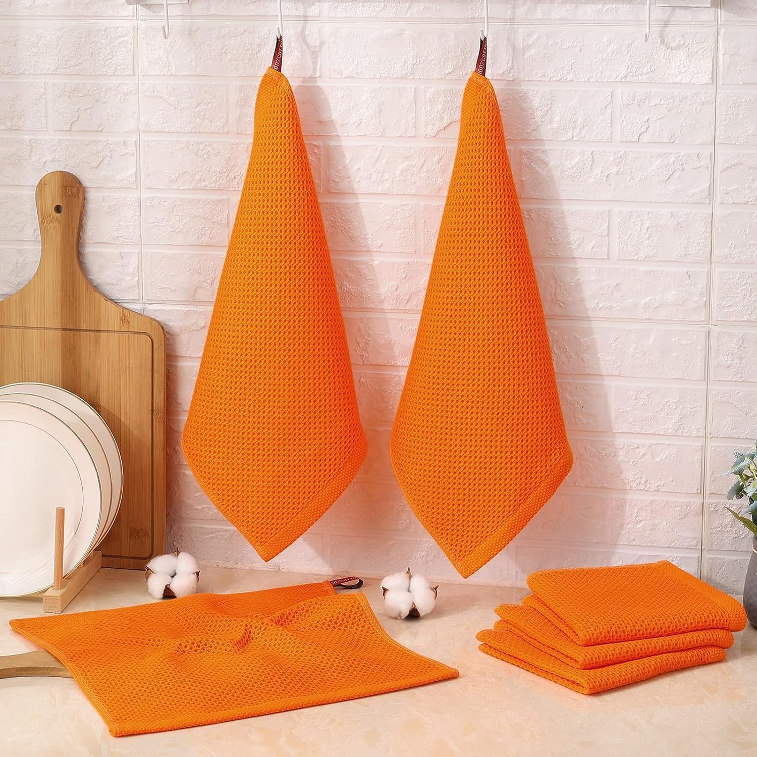 Kitinjoy 100% Cotton Waffle 12-Pack Kitchen Towels, 12" x 12", Orange | Ultra Absorbent, Super Soft, lightweight, Quick