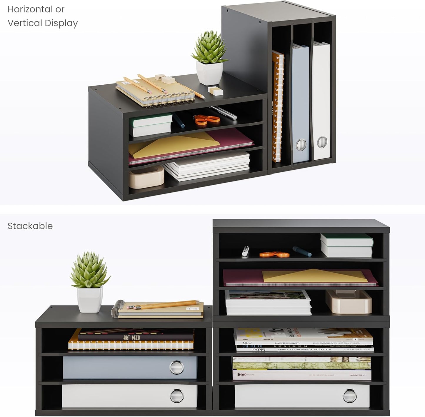 Ballucci File Organizer, 3-Tier Document Paper Sorter, Stackable Wood Desk Organizer, Mail Sorter and Monitor Stand