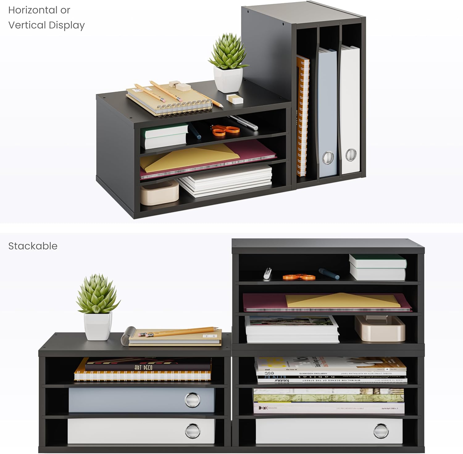 Ballucci Paper Organizer, 3-Tier Stackable Wood Desk Organizer, Document File Organizer and Mail Sorter with Adjustable