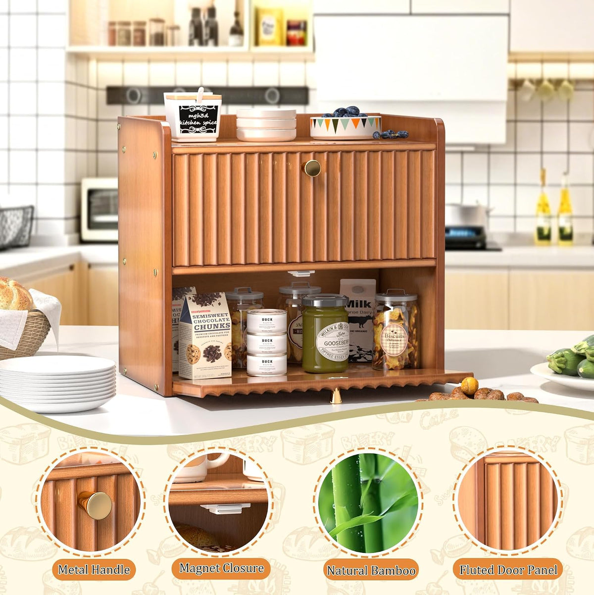 Bread Box for Kitchen Countertop, Large Bread Storage Container for Homemade Bread, Double Layer Farmhouse Breadbox