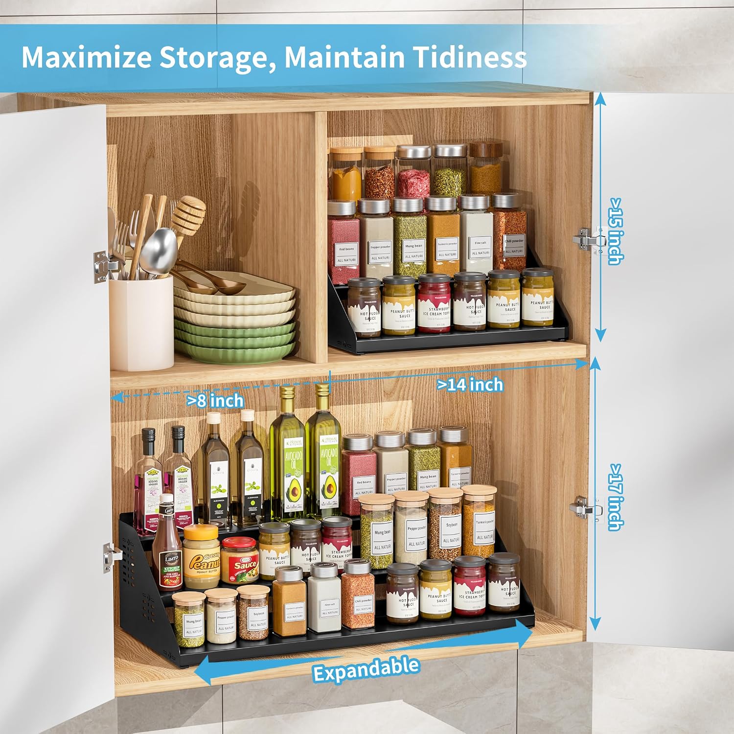 BOIVSHI 3 Tier Spice Rack for Cabinet, Adjustable Shelf, Black | Expandable Width 13"-22" Spice Organizer for