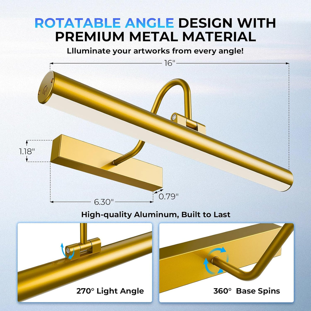 16" Rechargeable Picture Light for Wall Art, Brass Finish | 5200mAh Battery Operated Wireless LED Art Light with